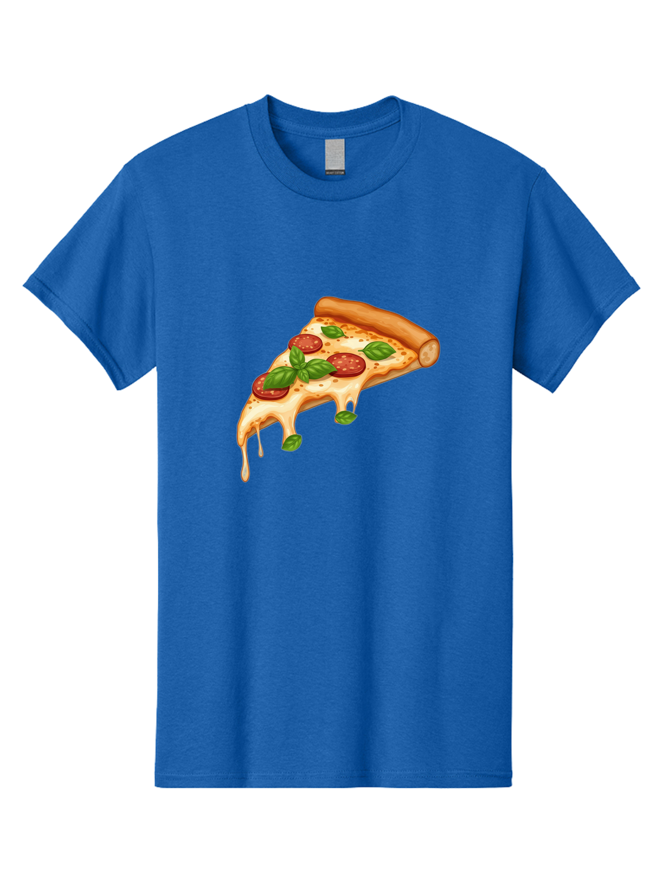 Cheesy-Pepperoni-Pizza-Slice Men'S Graphic Tee, 100% Cotton, Comfortable Casual Summer Wear, Machine Washable, Cheesy Pizza Slice, Pepperoni Pizza, Basil Leaves, Melted Cheese, Italian Food, Savory Snack, Pizza Topping, Food Illustration Bab727