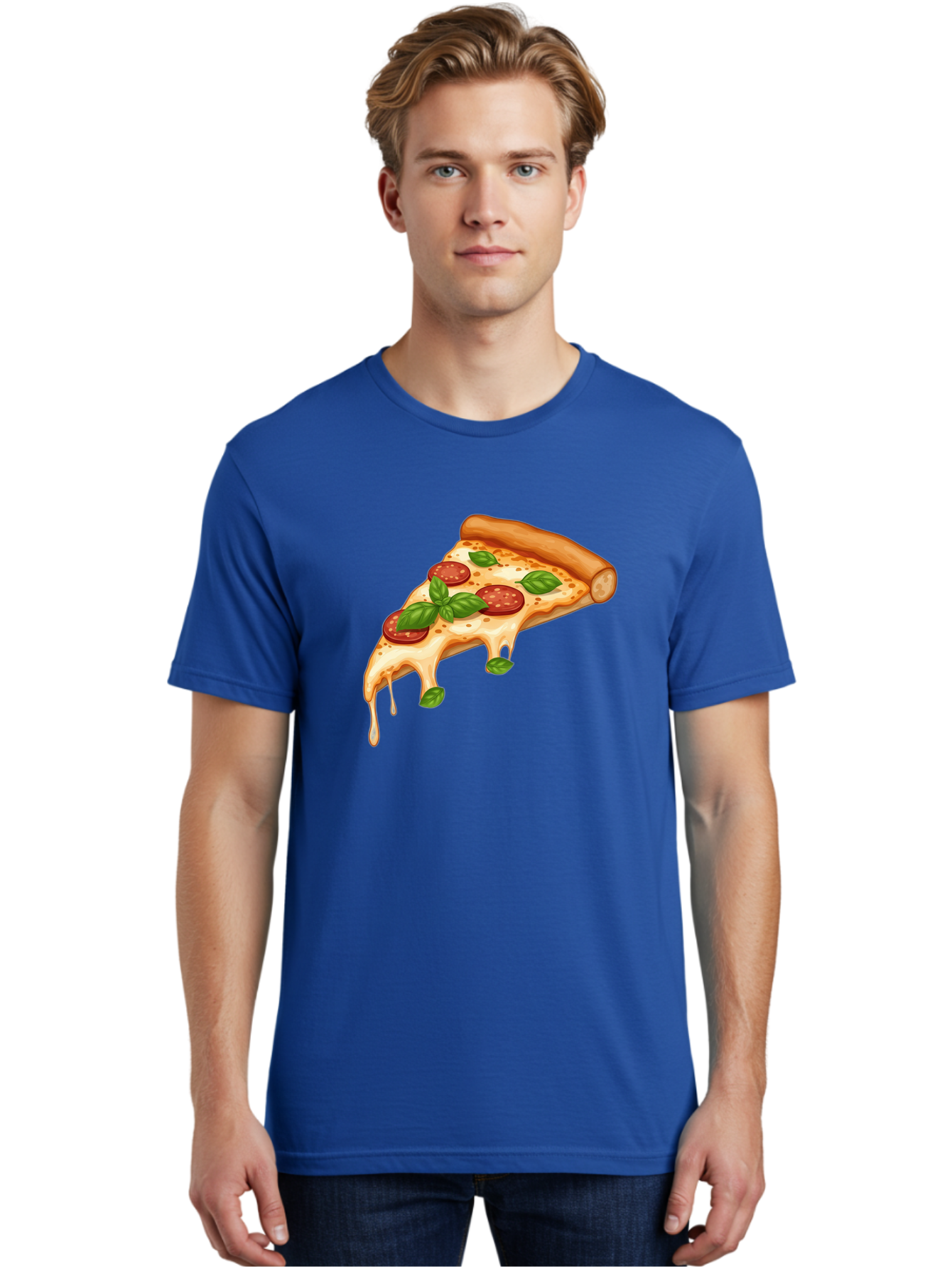 Cheesy-Pepperoni-Pizza-Slice Men'S Graphic Tee, 100% Cotton, Comfortable Casual Summer Wear, Machine Washable, Cheesy Pizza Slice, Pepperoni Pizza, Basil Leaves, Melted Cheese, Italian Food, Savory Snack, Pizza Topping, Food Illustration Bab727