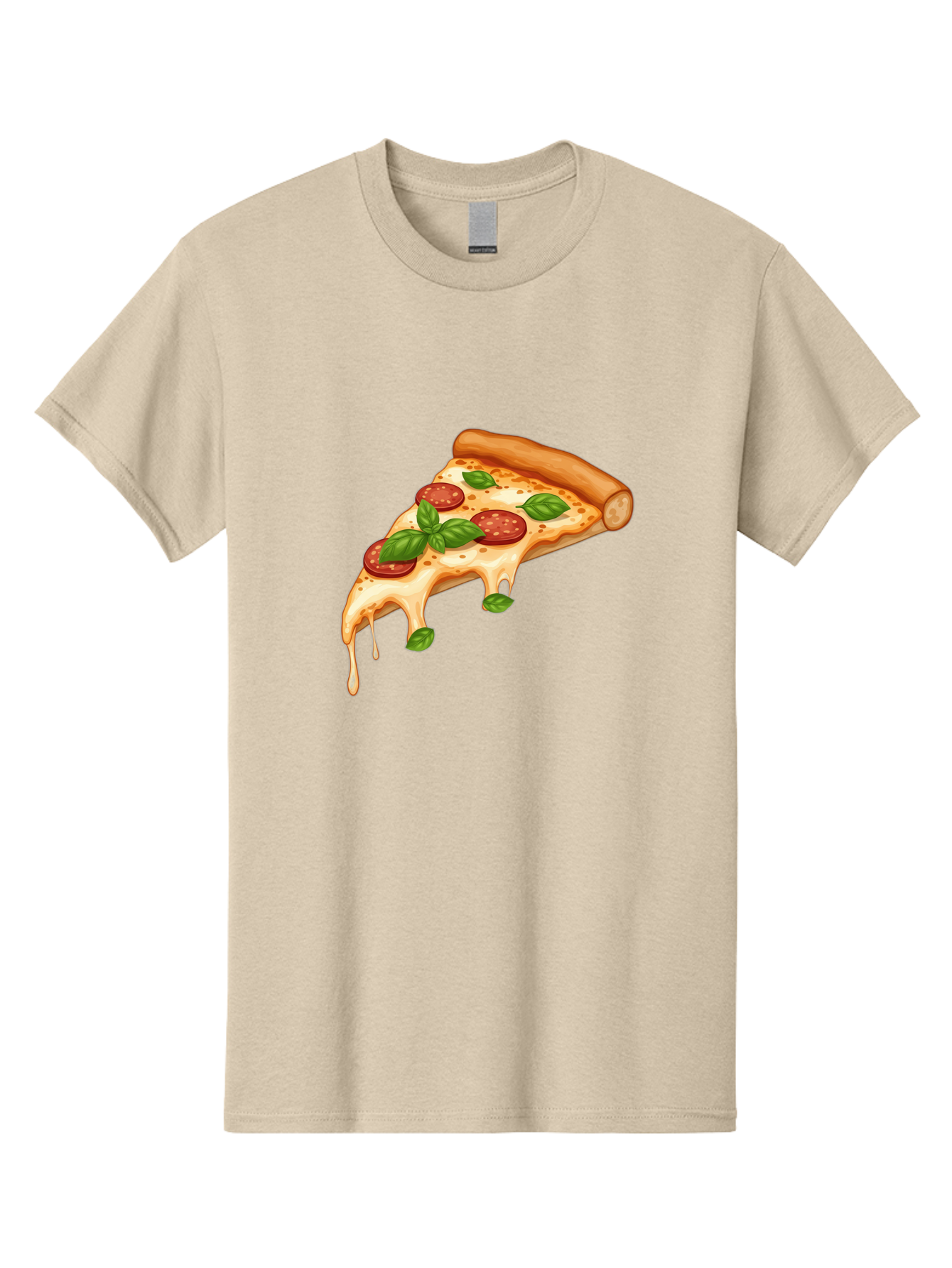 Cheesy-Pepperoni-Pizza-Slice Men'S Graphic Tee, 100% Cotton, Comfortable Casual Summer Wear, Machine Washable, Cheesy Pizza Slice, Pepperoni Pizza, Basil Leaves, Melted Cheese, Italian Food, Savory Snack, Pizza Topping, Food Illustration Bab727
