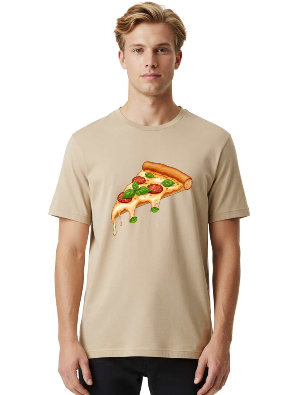 Cheesy-Pepperoni-Pizza-Slice Men'S Graphic Tee, 100% Cotton, Comfortable Casual Summer Wear, Machine Washable, Cheesy Pizza Slice, Pepperoni Pizza, Basil Leaves, Melted Cheese, Italian Food, Savory Snack, Pizza Topping, Food Illustration Bab727