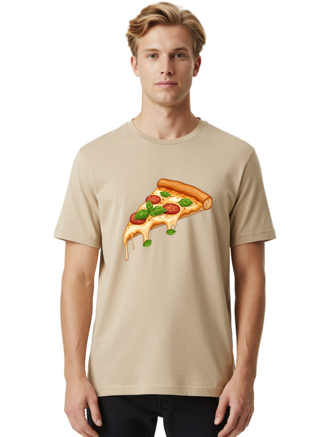 Cheesy-Pepperoni-Pizza-Slice Men'S Graphic Tee, 100% Cotton, Comfortable Casual Summer Wear, Machine Washable, Cheesy Pizza Slice, Pepperoni Pizza, Basil Leaves, Melted Cheese, Italian Food, Savory Snack, Pizza Topping, Food Illustration Bab727