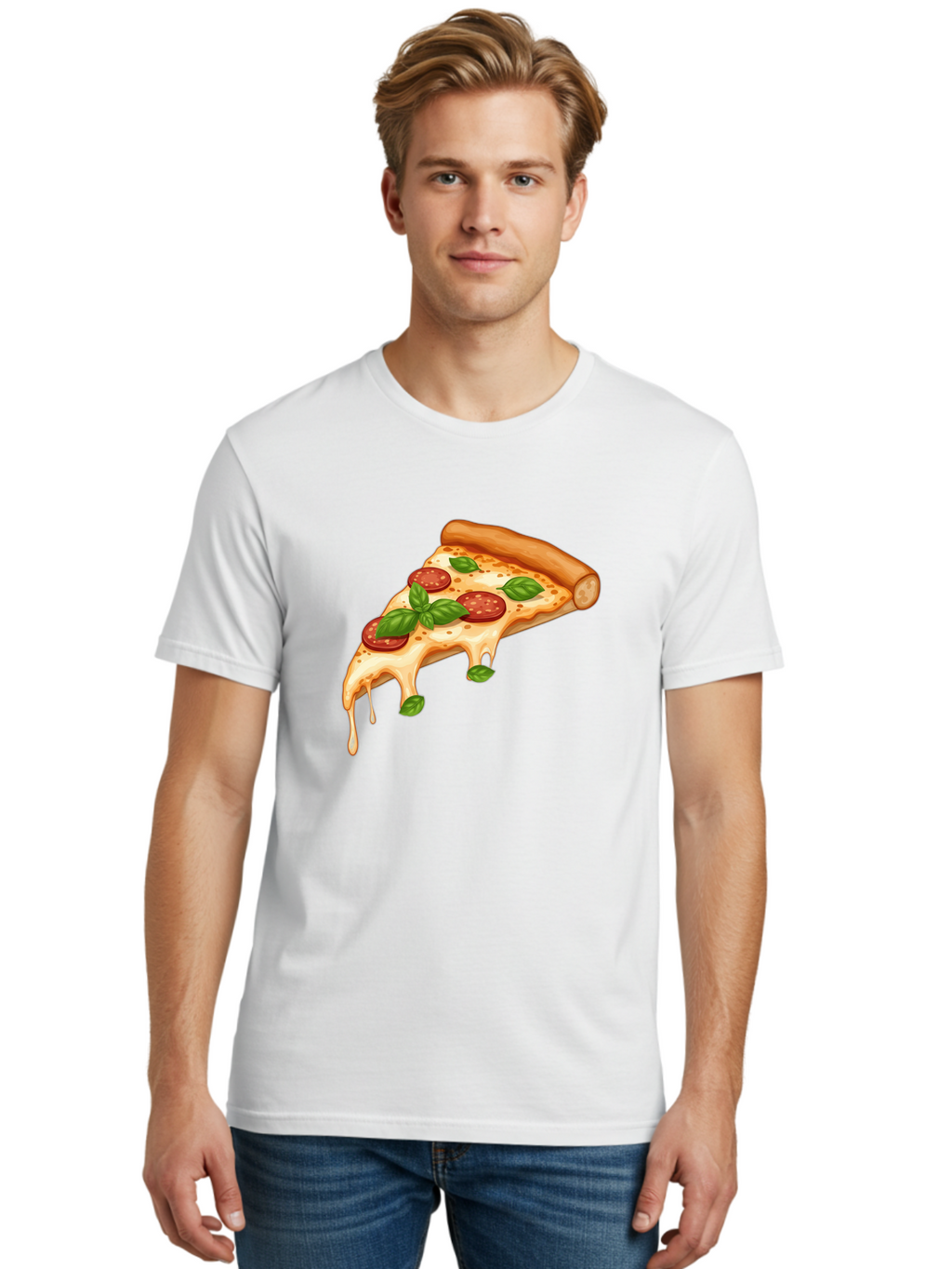 Cheesy-Pepperoni-Pizza-Slice Men'S Graphic Tee, 100% Cotton, Comfortable Casual Summer Wear, Machine Washable, Cheesy Pizza Slice, Pepperoni Pizza, Basil Leaves, Melted Cheese, Italian Food, Savory Snack, Pizza Topping, Food Illustration Bab727