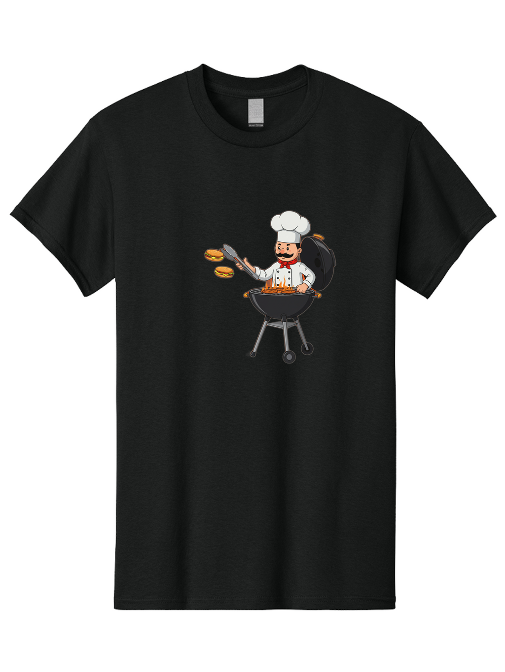 Chef-Barbecue Men'S Graphic Tee, 100% Cotton, Comfortable Casual Summer Wear, Machine Washable, Chef Cooking Burgers, Barbecue Grill, Chef Hat, Chef Uniform, Red Bow Tie, Mustache, Burgers Cooking, Grilling Meat, Barbecue Tongs, Bab728