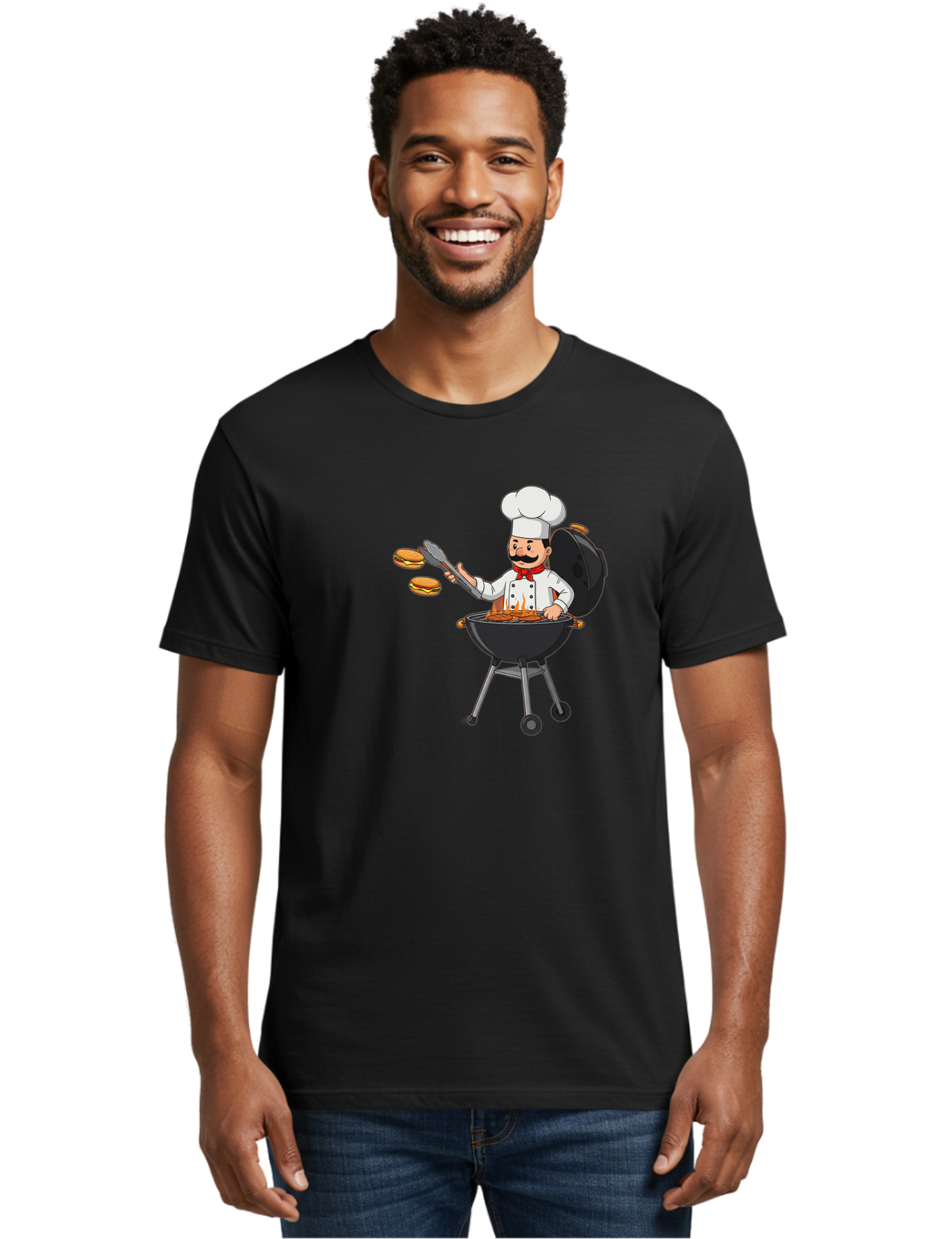 Chef-Barbecue Men'S Graphic Tee, 100% Cotton, Comfortable Casual Summer Wear, Machine Washable, Chef Cooking Burgers, Barbecue Grill, Chef Hat, Chef Uniform, Red Bow Tie, Mustache, Burgers Cooking, Grilling Meat, Barbecue Tongs, Bab728