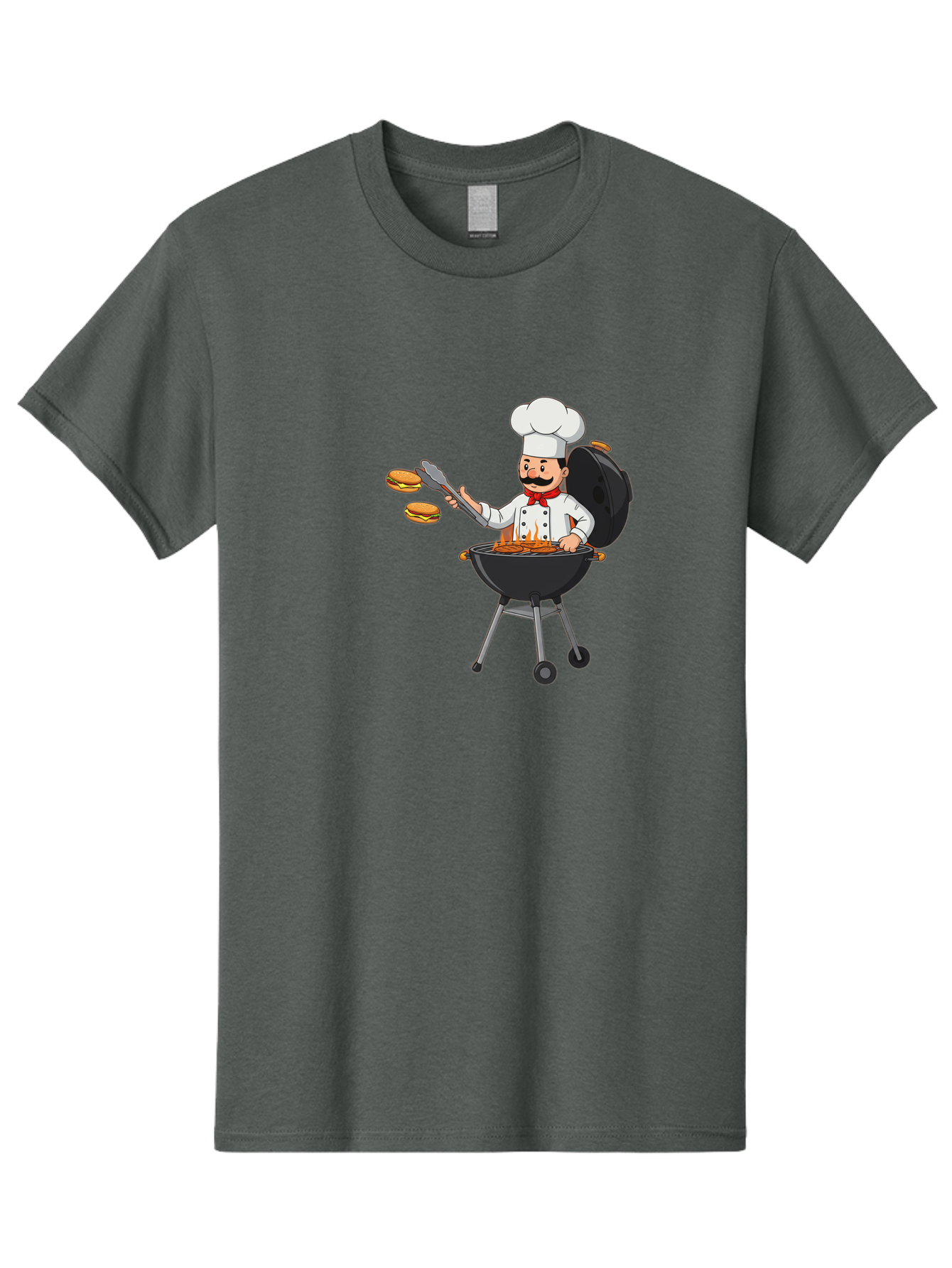Chef-Barbecue Men'S Graphic Tee, 100% Cotton, Comfortable Casual Summer Wear, Machine Washable, Chef Cooking Burgers, Barbecue Grill, Chef Hat, Chef Uniform, Red Bow Tie, Mustache, Burgers Cooking, Grilling Meat, Barbecue Tongs, Bab728