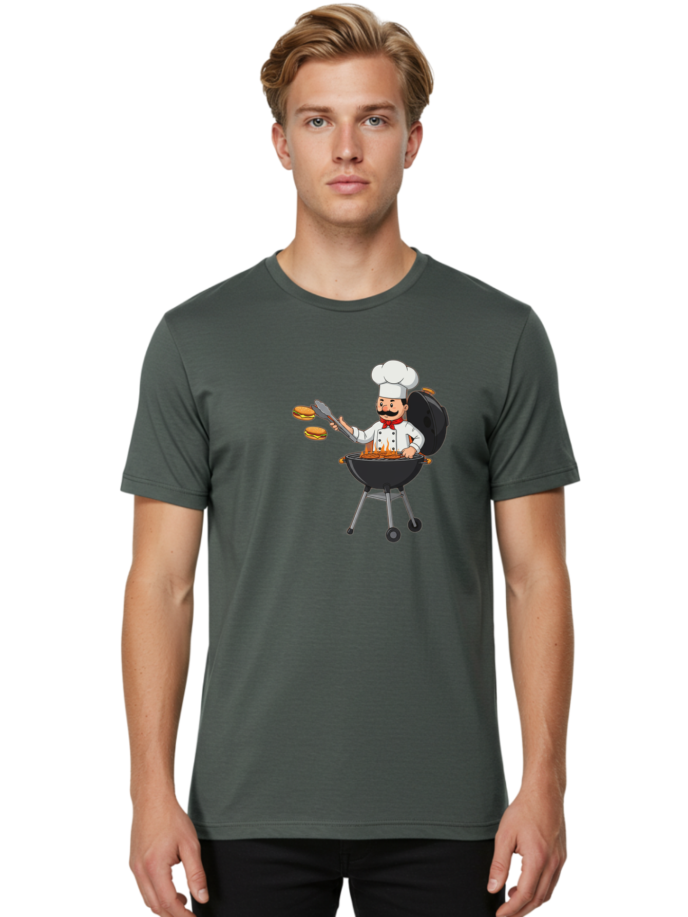 Chef-Barbecue Men'S Graphic Tee, 100% Cotton, Comfortable Casual Summer Wear, Machine Washable, Chef Cooking Burgers, Barbecue Grill, Chef Hat, Chef Uniform, Red Bow Tie, Mustache, Burgers Cooking, Grilling Meat, Barbecue Tongs, Bab728