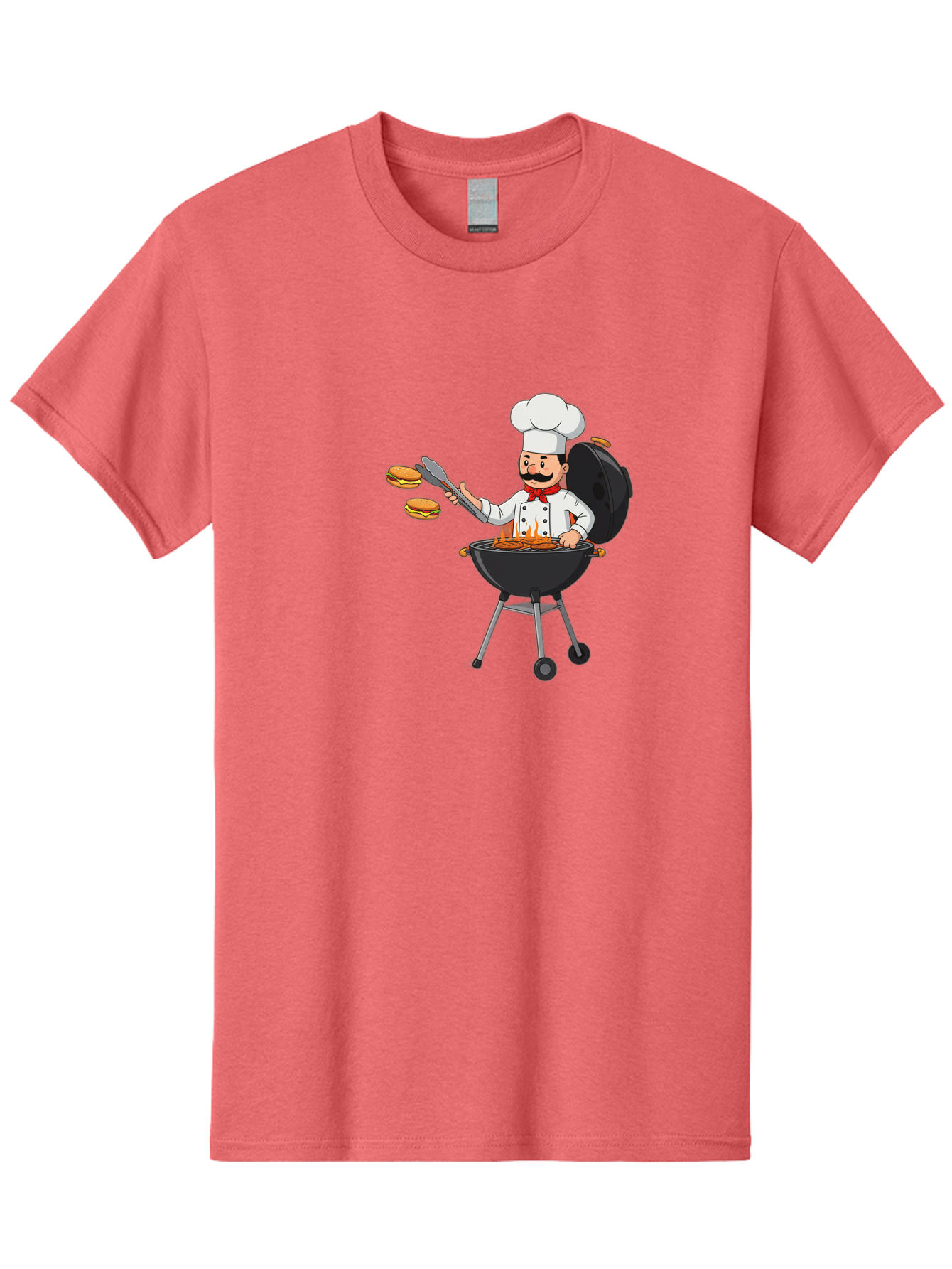 Chef-Barbecue Men'S Graphic Tee, 100% Cotton, Comfortable Casual Summer Wear, Machine Washable, Chef Cooking Burgers, Barbecue Grill, Chef Hat, Chef Uniform, Red Bow Tie, Mustache, Burgers Cooking, Grilling Meat, Barbecue Tongs, Bab728