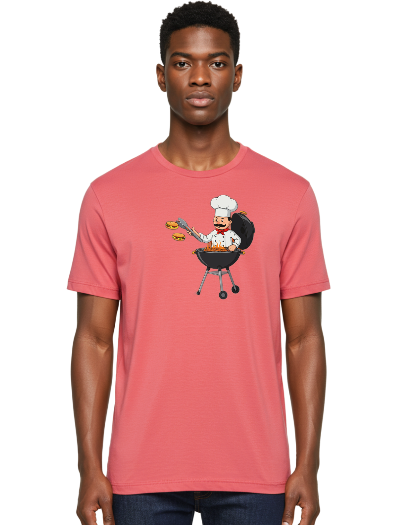 Chef-Barbecue Men'S Graphic Tee, 100% Cotton, Comfortable Casual Summer Wear, Machine Washable, Chef Cooking Burgers, Barbecue Grill, Chef Hat, Chef Uniform, Red Bow Tie, Mustache, Burgers Cooking, Grilling Meat, Barbecue Tongs, Bab728