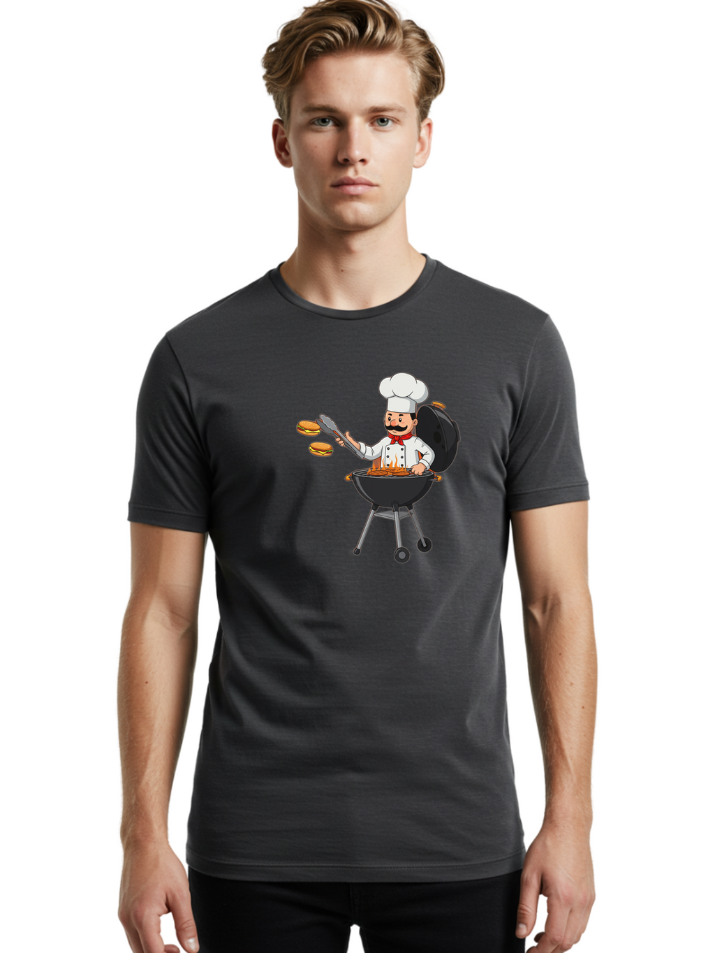 Chef-Barbecue Men'S Graphic Tee, 100% Cotton, Comfortable Casual Summer Wear, Machine Washable, Chef Cooking Burgers, Barbecue Grill, Chef Hat, Chef Uniform, Red Bow Tie, Mustache, Burgers Cooking, Grilling Meat, Barbecue Tongs, Bab728