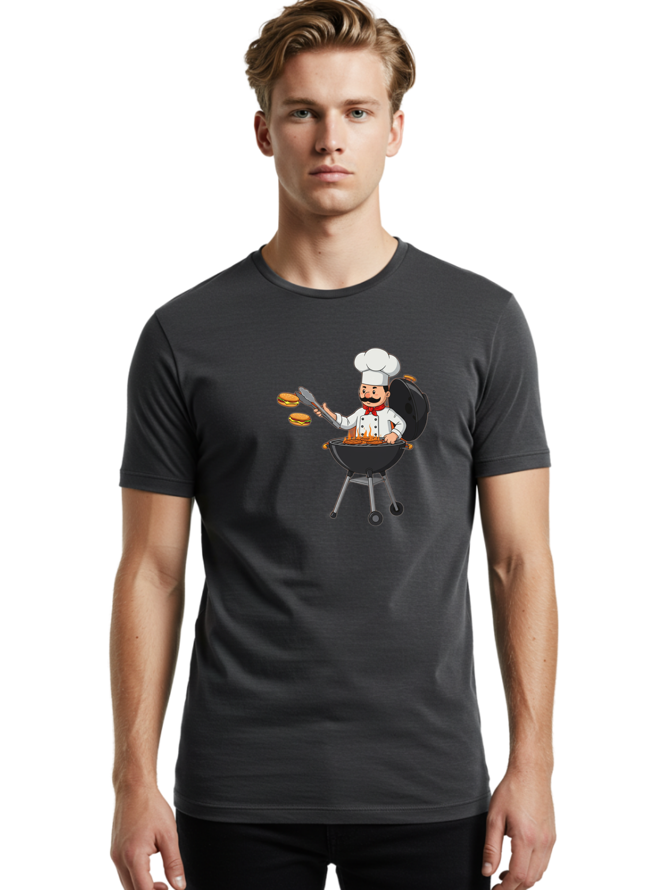 Chef-Barbecue Men'S Graphic Tee, 100% Cotton, Comfortable Casual Summer Wear, Machine Washable, Chef Cooking Burgers, Barbecue Grill, Chef Hat, Chef Uniform, Red Bow Tie, Mustache, Burgers Cooking, Grilling Meat, Barbecue Tongs, Bab728