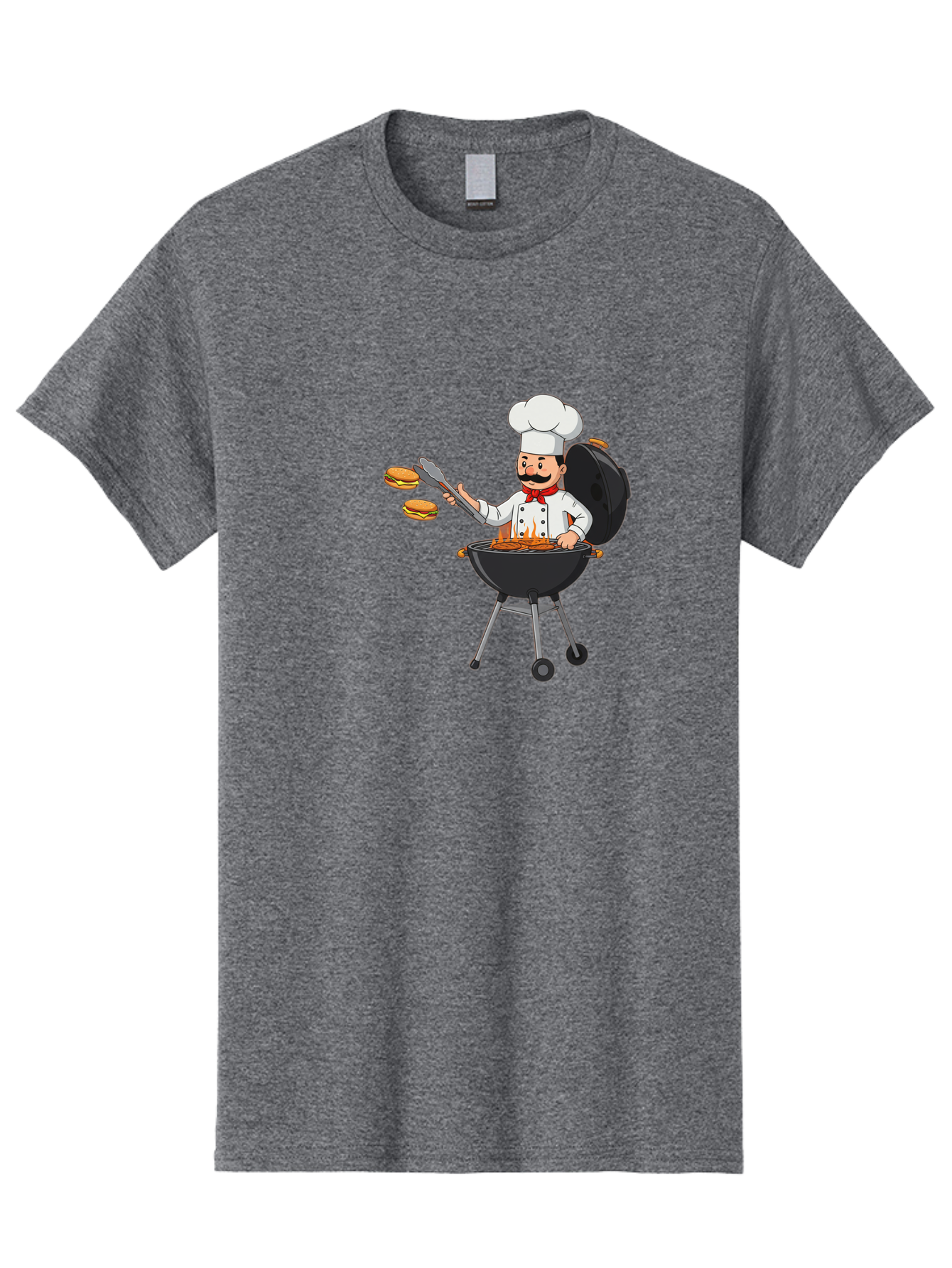 Chef-Barbecue Men'S Graphic Tee, 100% Cotton, Comfortable Casual Summer Wear, Machine Washable, Chef Cooking Burgers, Barbecue Grill, Chef Hat, Chef Uniform, Red Bow Tie, Mustache, Burgers Cooking, Grilling Meat, Barbecue Tongs, Bab728