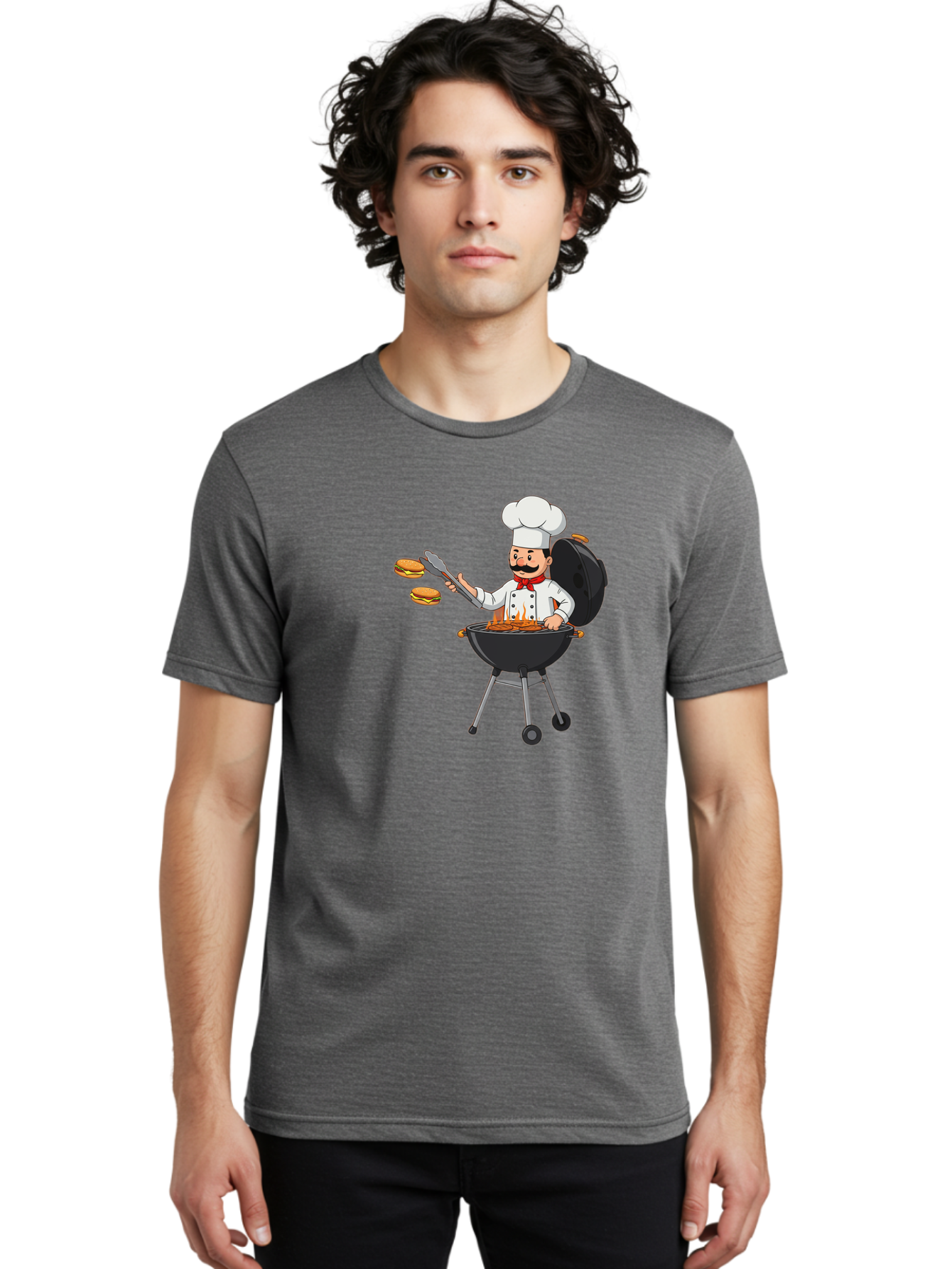 Chef-Barbecue Men'S Graphic Tee, 100% Cotton, Comfortable Casual Summer Wear, Machine Washable, Chef Cooking Burgers, Barbecue Grill, Chef Hat, Chef Uniform, Red Bow Tie, Mustache, Burgers Cooking, Grilling Meat, Barbecue Tongs, Bab728