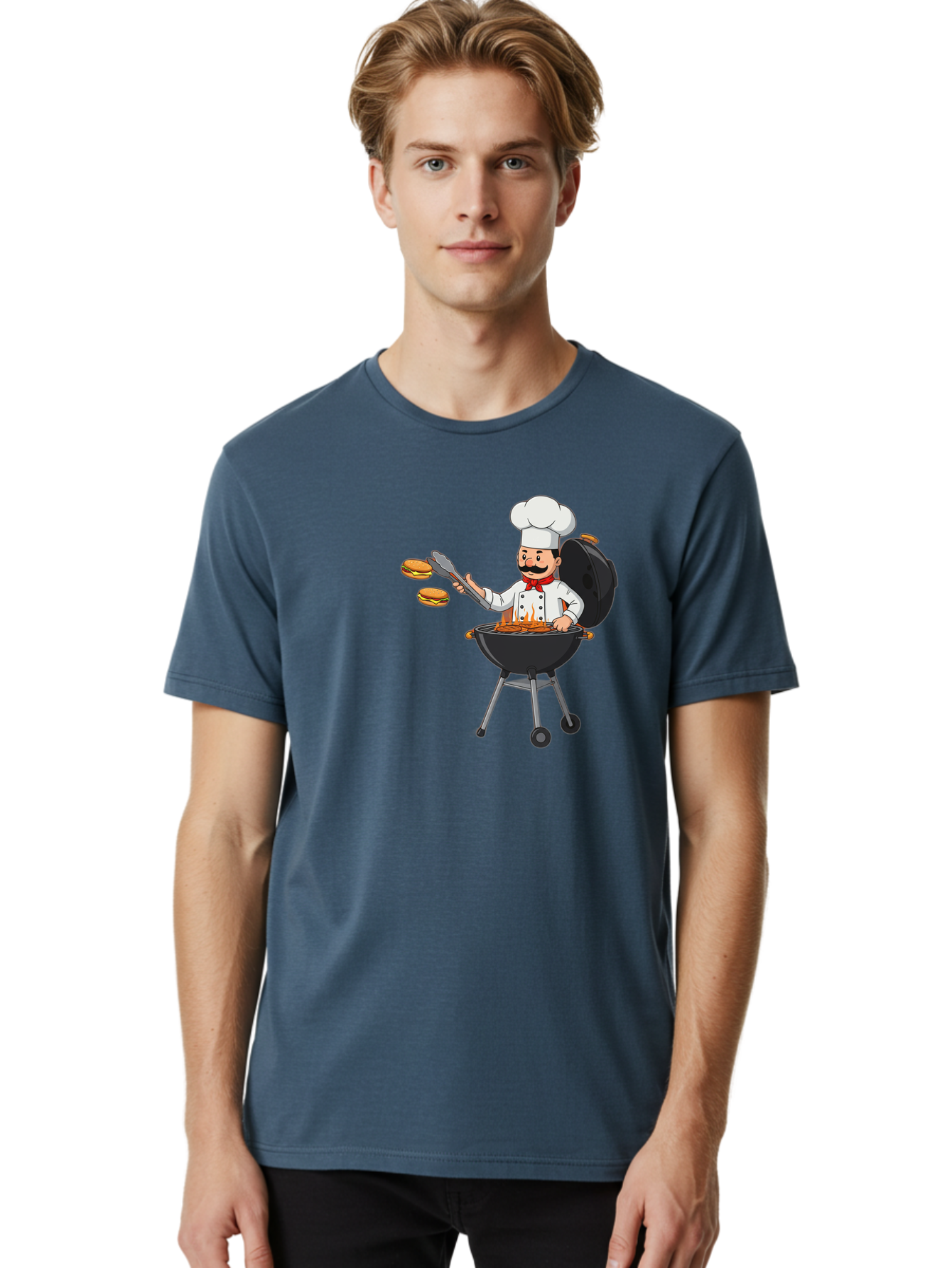 Chef-Barbecue Men'S Graphic Tee, 100% Cotton, Comfortable Casual Summer Wear, Machine Washable, Chef Cooking Burgers, Barbecue Grill, Chef Hat, Chef Uniform, Red Bow Tie, Mustache, Burgers Cooking, Grilling Meat, Barbecue Tongs, Bab728