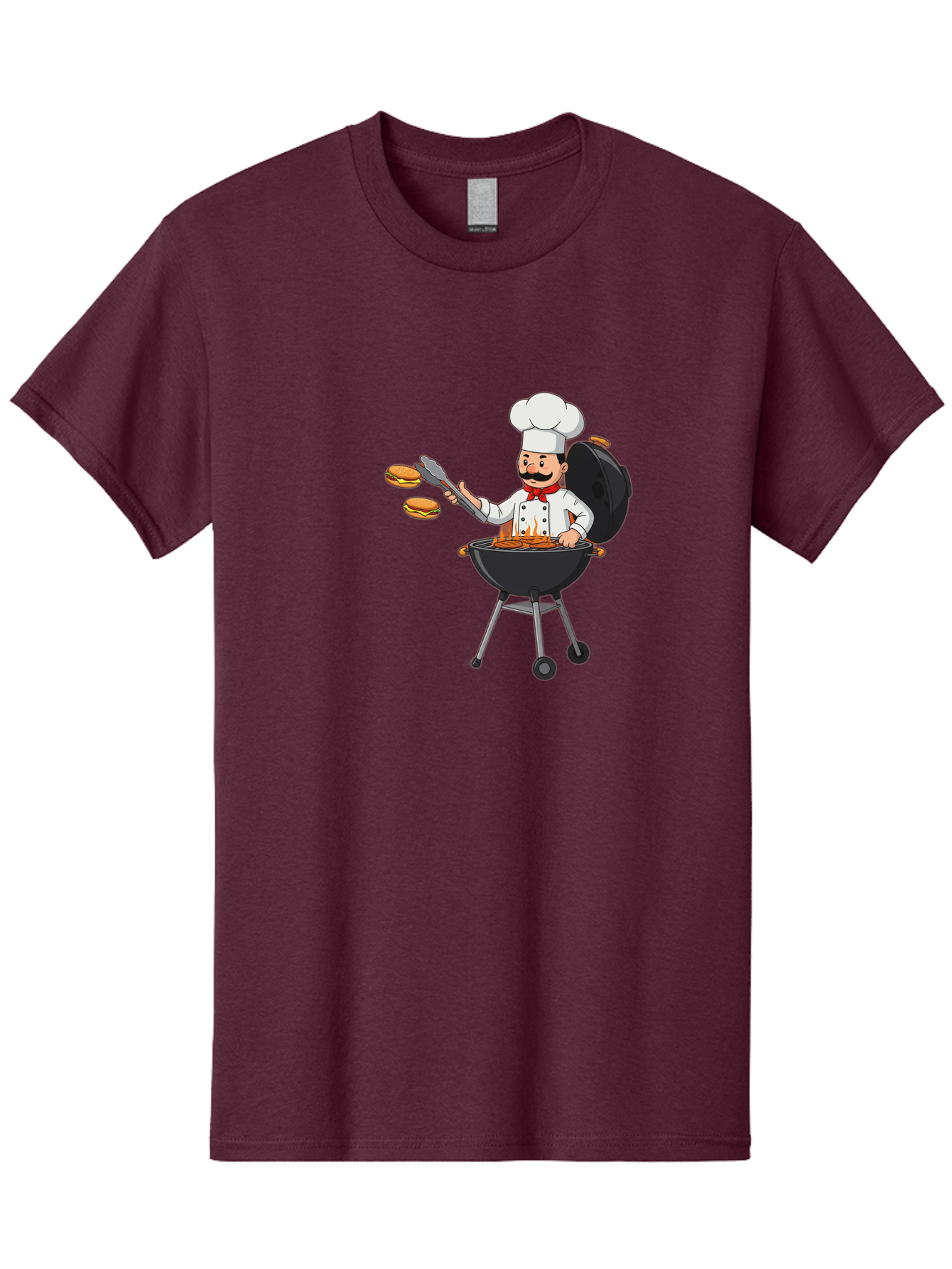 Chef-Barbecue Men'S Graphic Tee, 100% Cotton, Comfortable Casual Summer Wear, Machine Washable, Chef Cooking Burgers, Barbecue Grill, Chef Hat, Chef Uniform, Red Bow Tie, Mustache, Burgers Cooking, Grilling Meat, Barbecue Tongs, Bab728