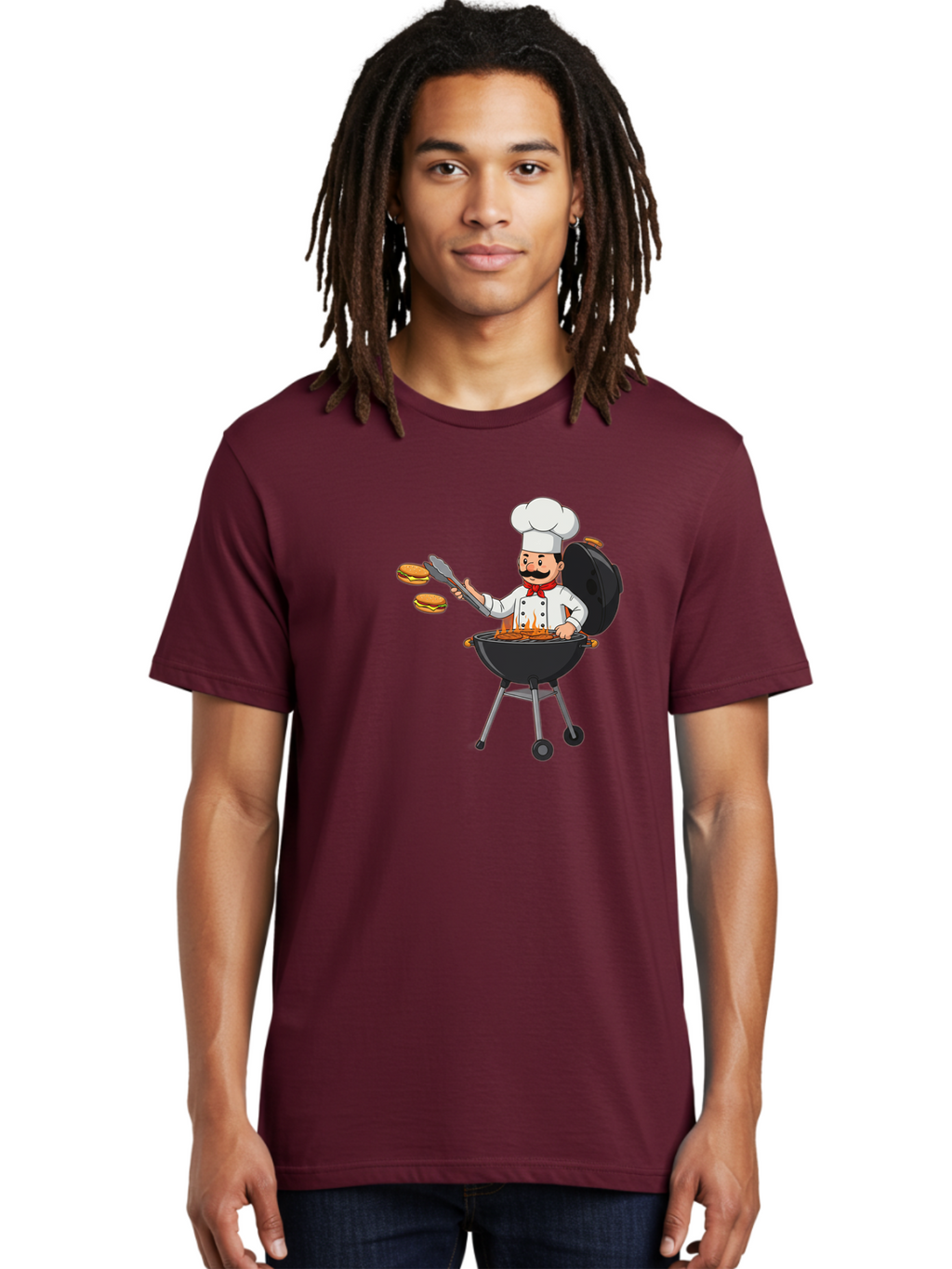 Chef-Barbecue Men'S Graphic Tee, 100% Cotton, Comfortable Casual Summer Wear, Machine Washable, Chef Cooking Burgers, Barbecue Grill, Chef Hat, Chef Uniform, Red Bow Tie, Mustache, Burgers Cooking, Grilling Meat, Barbecue Tongs, Bab728