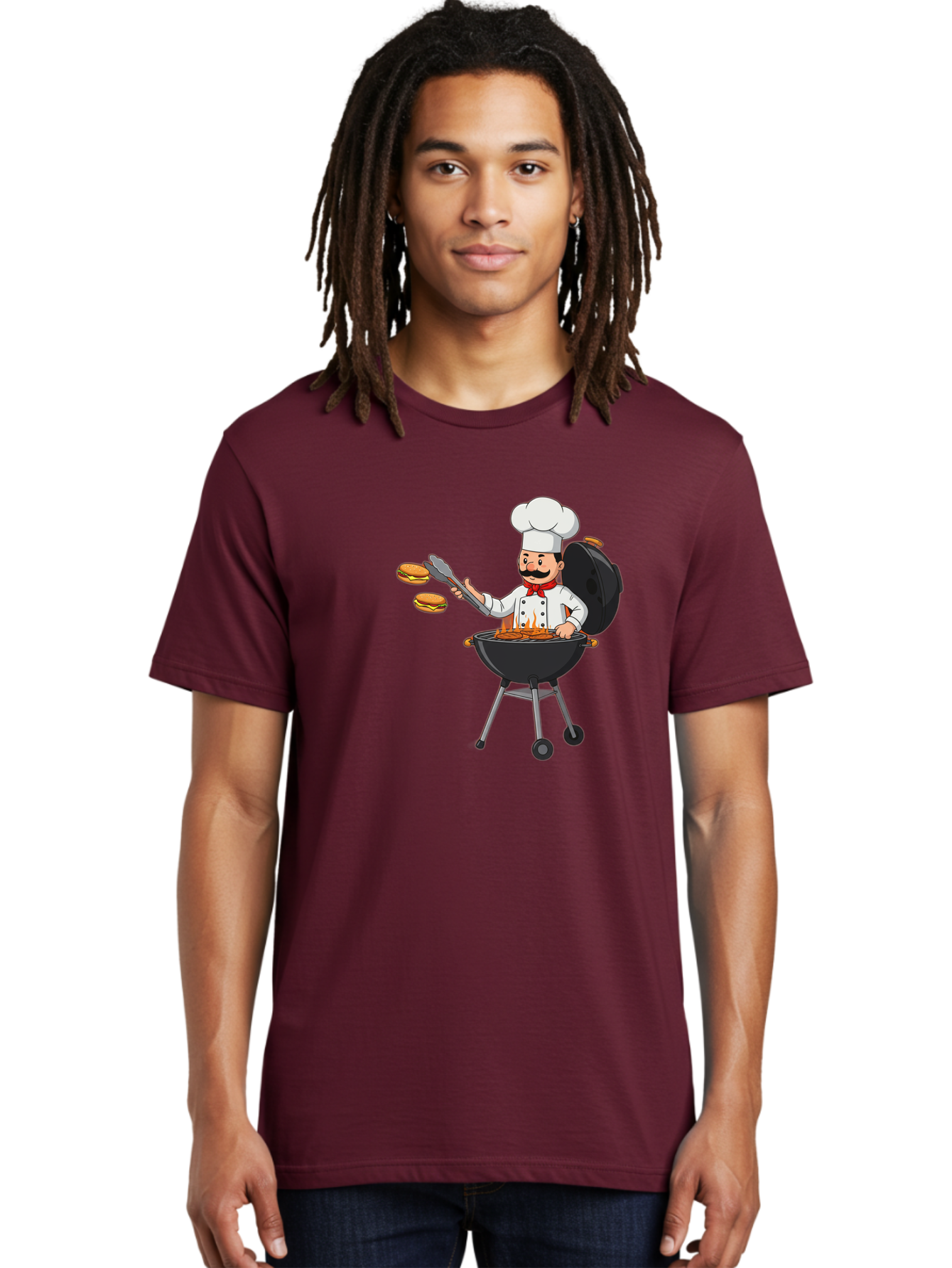 Chef-Barbecue Men'S Graphic Tee, 100% Cotton, Comfortable Casual Summer Wear, Machine Washable, Chef Cooking Burgers, Barbecue Grill, Chef Hat, Chef Uniform, Red Bow Tie, Mustache, Burgers Cooking, Grilling Meat, Barbecue Tongs, Bab728