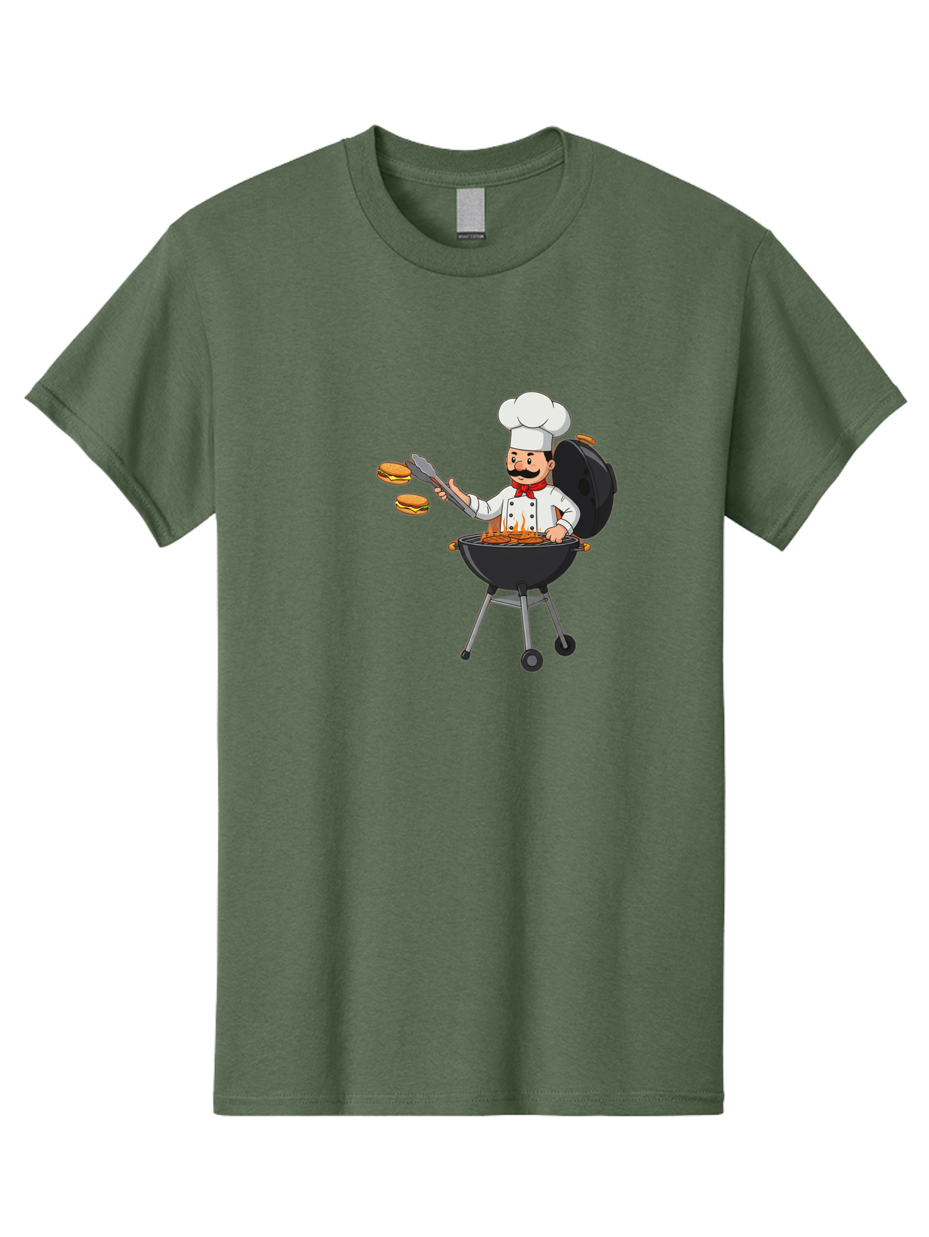 Chef-Barbecue Men'S Graphic Tee, 100% Cotton, Comfortable Casual Summer Wear, Machine Washable, Chef Cooking Burgers, Barbecue Grill, Chef Hat, Chef Uniform, Red Bow Tie, Mustache, Burgers Cooking, Grilling Meat, Barbecue Tongs, Bab728
