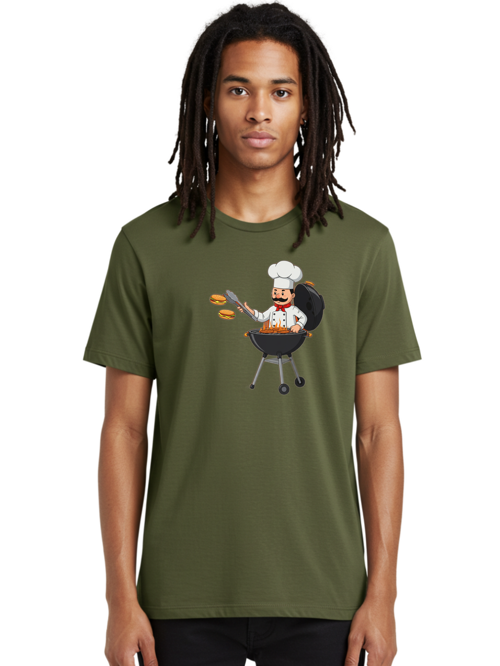 Chef-Barbecue Men'S Graphic Tee, 100% Cotton, Comfortable Casual Summer Wear, Machine Washable, Chef Cooking Burgers, Barbecue Grill, Chef Hat, Chef Uniform, Red Bow Tie, Mustache, Burgers Cooking, Grilling Meat, Barbecue Tongs, Bab728