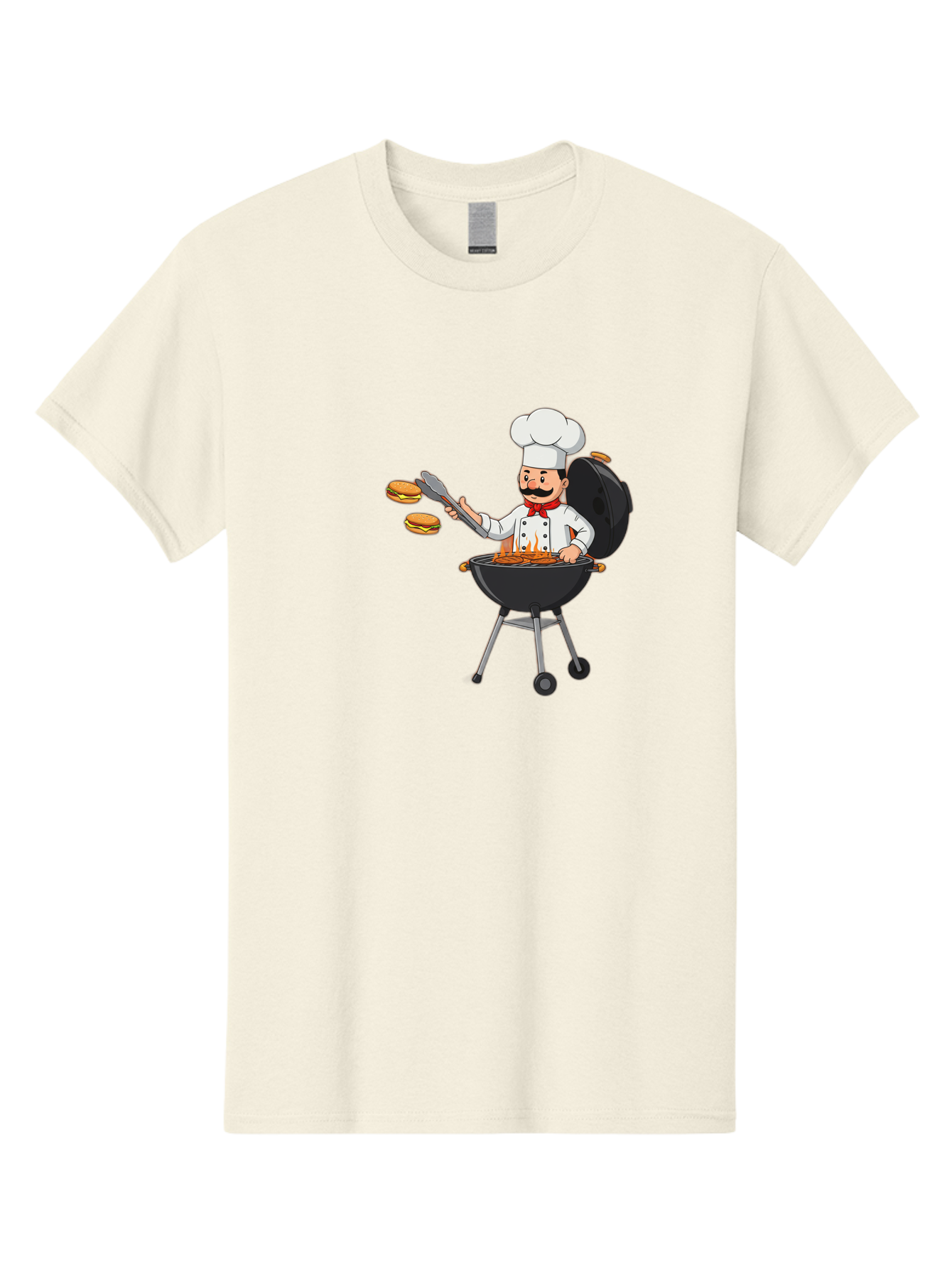 Chef-Barbecue Men'S Graphic Tee, 100% Cotton, Comfortable Casual Summer Wear, Machine Washable, Chef Cooking Burgers, Barbecue Grill, Chef Hat, Chef Uniform, Red Bow Tie, Mustache, Burgers Cooking, Grilling Meat, Barbecue Tongs, Bab728