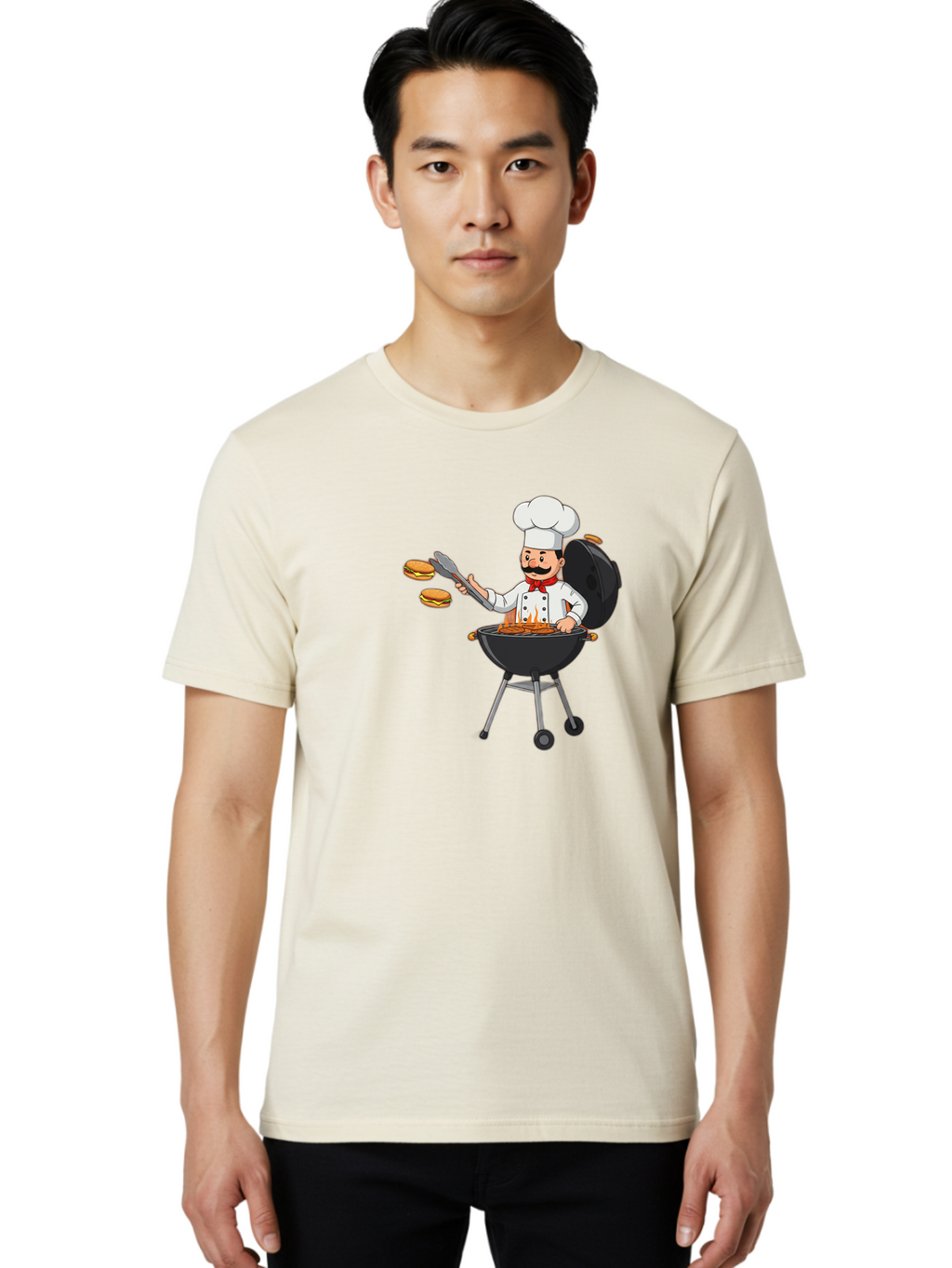 Chef-Barbecue Men'S Graphic Tee, 100% Cotton, Comfortable Casual Summer Wear, Machine Washable, Chef Cooking Burgers, Barbecue Grill, Chef Hat, Chef Uniform, Red Bow Tie, Mustache, Burgers Cooking, Grilling Meat, Barbecue Tongs, Bab728