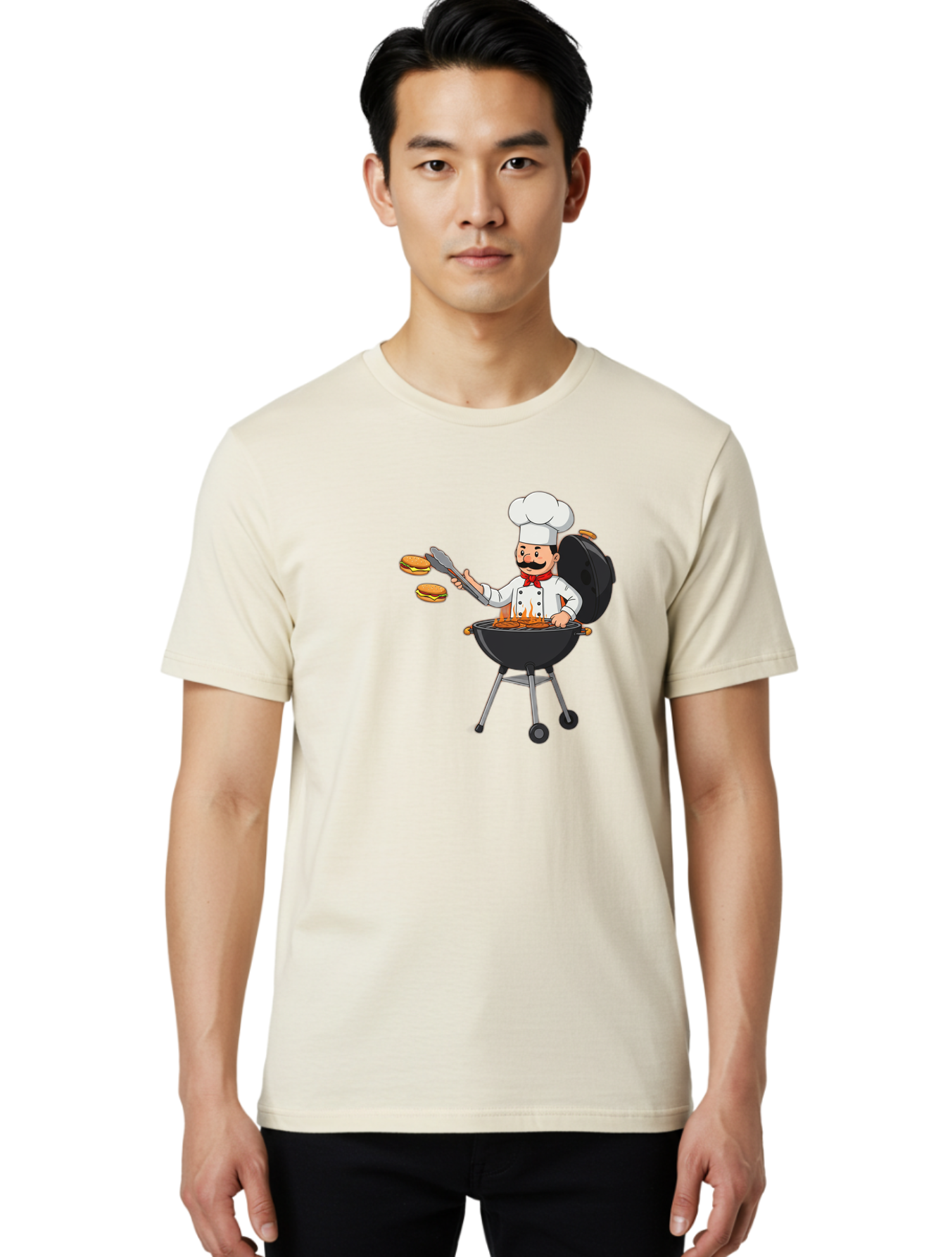 Chef-Barbecue Men'S Graphic Tee, 100% Cotton, Comfortable Casual Summer Wear, Machine Washable, Chef Cooking Burgers, Barbecue Grill, Chef Hat, Chef Uniform, Red Bow Tie, Mustache, Burgers Cooking, Grilling Meat, Barbecue Tongs, Bab728