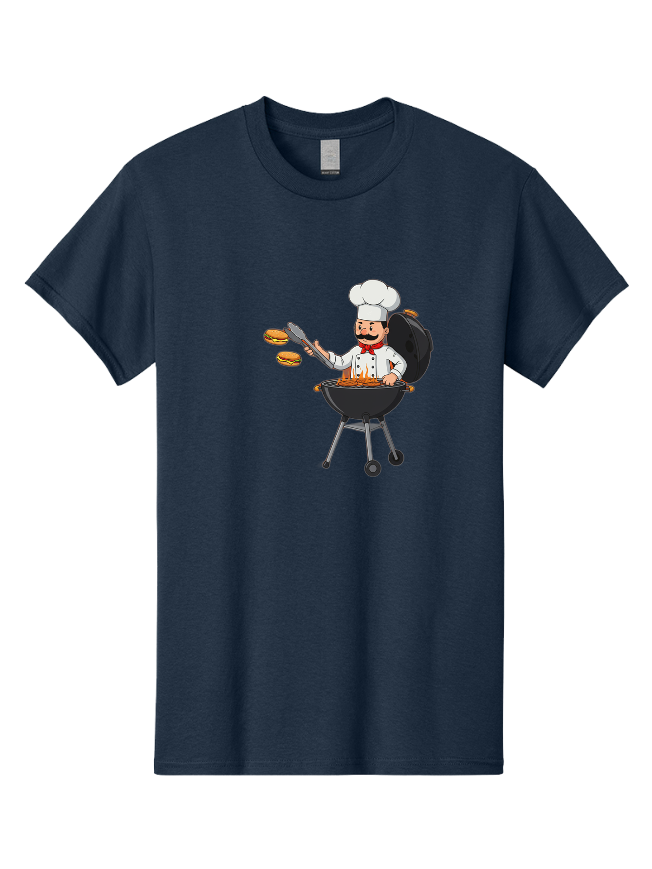 Chef-Barbecue Men'S Graphic Tee, 100% Cotton, Comfortable Casual Summer Wear, Machine Washable, Chef Cooking Burgers, Barbecue Grill, Chef Hat, Chef Uniform, Red Bow Tie, Mustache, Burgers Cooking, Grilling Meat, Barbecue Tongs, Bab728