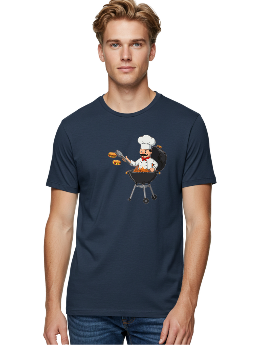 Chef-Barbecue Men'S Graphic Tee, 100% Cotton, Comfortable Casual Summer Wear, Machine Washable, Chef Cooking Burgers, Barbecue Grill, Chef Hat, Chef Uniform, Red Bow Tie, Mustache, Burgers Cooking, Grilling Meat, Barbecue Tongs, Bab728