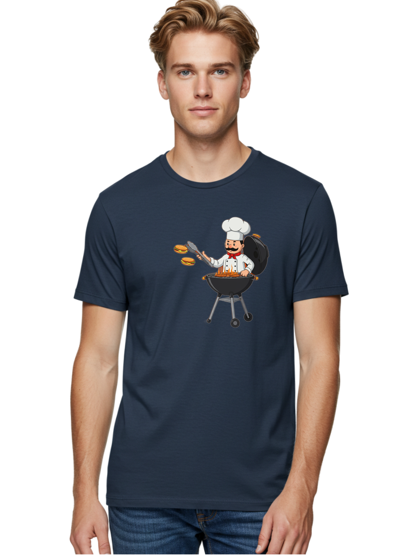Chef-Barbecue Men'S Graphic Tee, 100% Cotton, Comfortable Casual Summer Wear, Machine Washable, Chef Cooking Burgers, Barbecue Grill, Chef Hat, Chef Uniform, Red Bow Tie, Mustache, Burgers Cooking, Grilling Meat, Barbecue Tongs, Bab728
