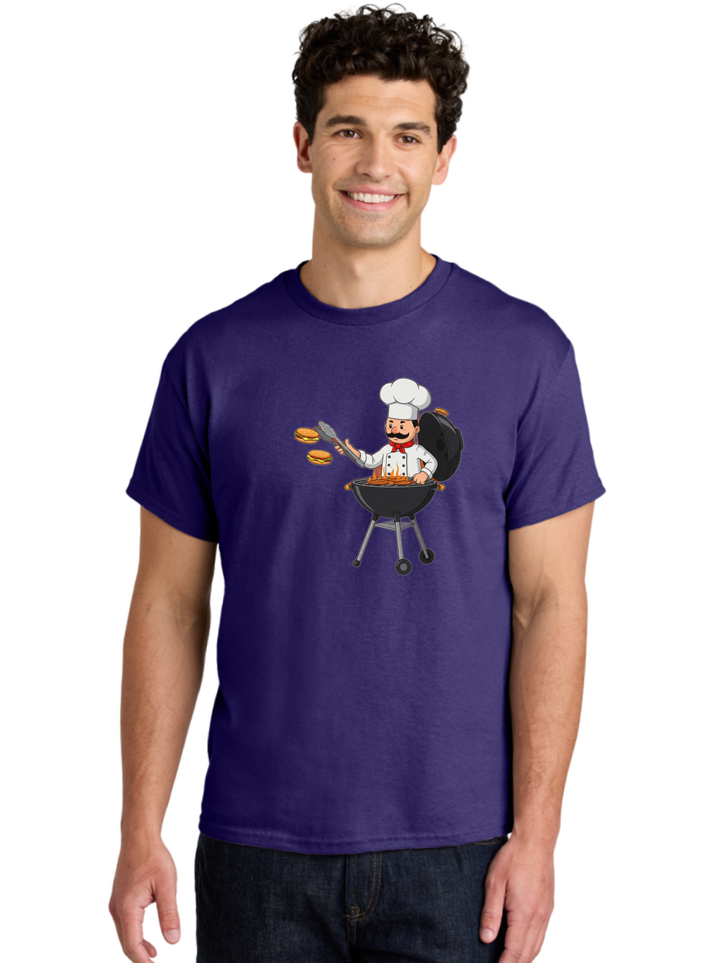 Chef-Barbecue Men'S Graphic Tee, 100% Cotton, Comfortable Casual Summer Wear, Machine Washable, Chef Cooking Burgers, Barbecue Grill, Chef Hat, Chef Uniform, Red Bow Tie, Mustache, Burgers Cooking, Grilling Meat, Barbecue Tongs, Bab728