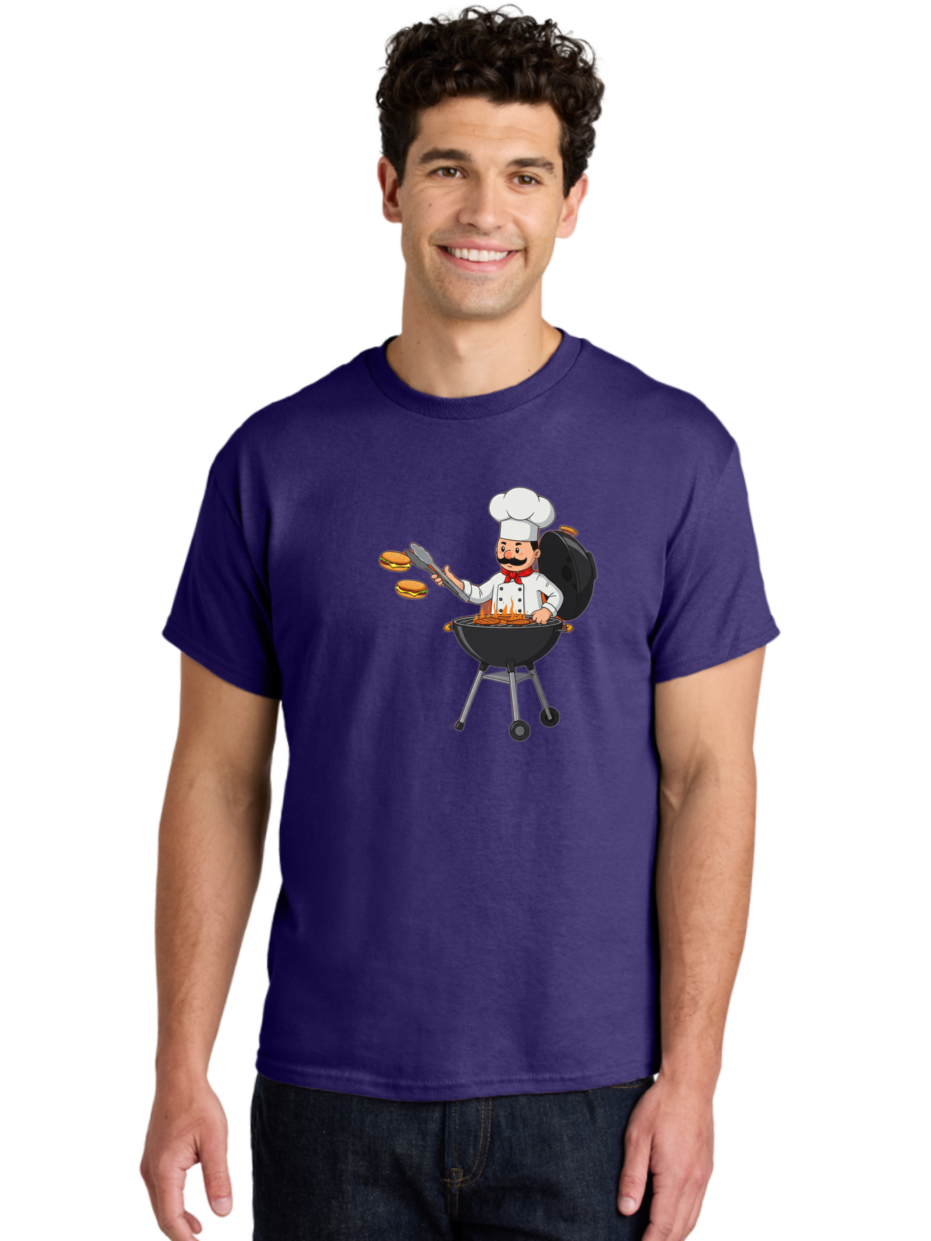 Chef-Barbecue Men'S Graphic Tee, 100% Cotton, Comfortable Casual Summer Wear, Machine Washable, Chef Cooking Burgers, Barbecue Grill, Chef Hat, Chef Uniform, Red Bow Tie, Mustache, Burgers Cooking, Grilling Meat, Barbecue Tongs, Bab728