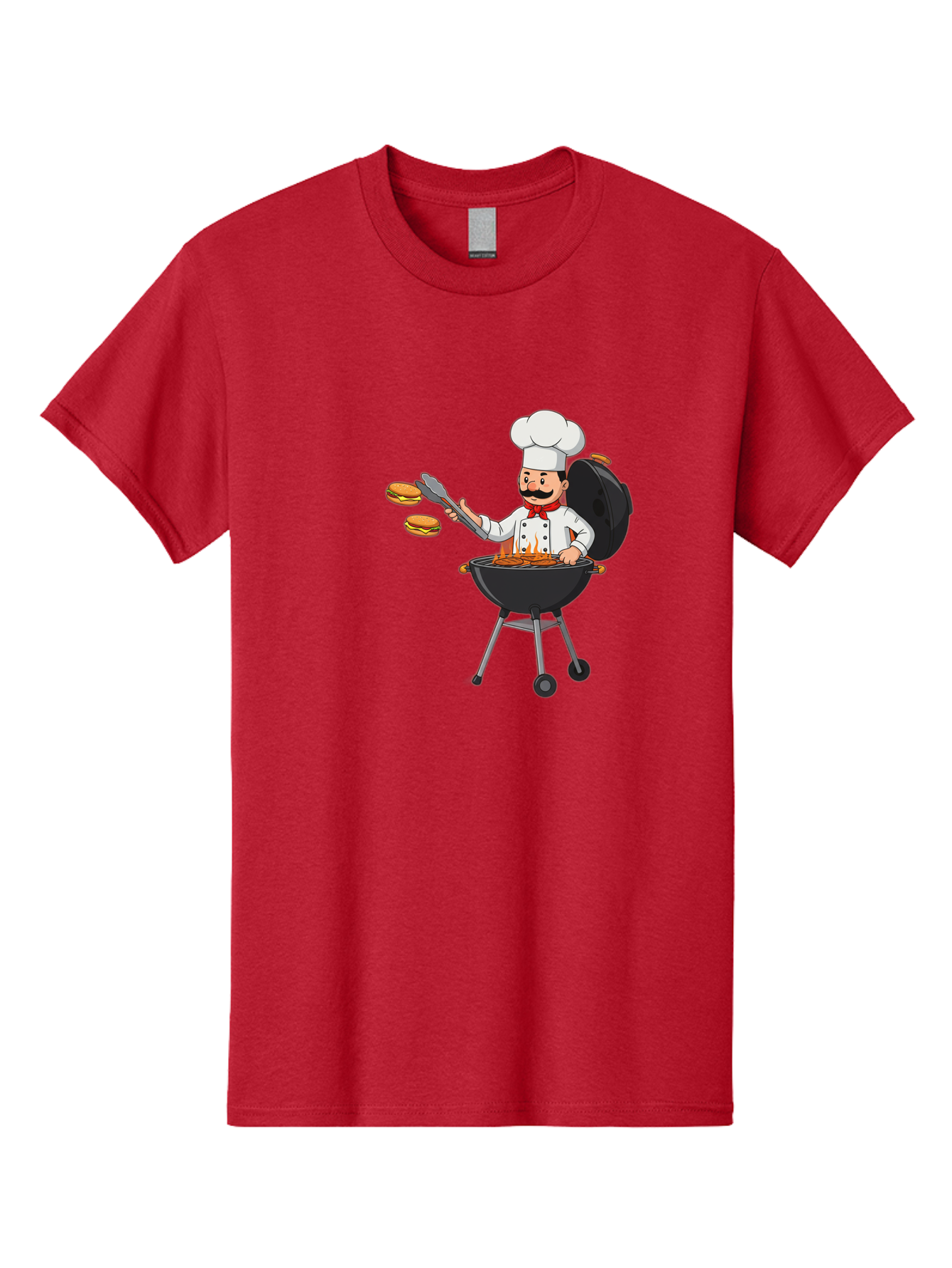 Chef-Barbecue Men'S Graphic Tee, 100% Cotton, Comfortable Casual Summer Wear, Machine Washable, Chef Cooking Burgers, Barbecue Grill, Chef Hat, Chef Uniform, Red Bow Tie, Mustache, Burgers Cooking, Grilling Meat, Barbecue Tongs, Bab728