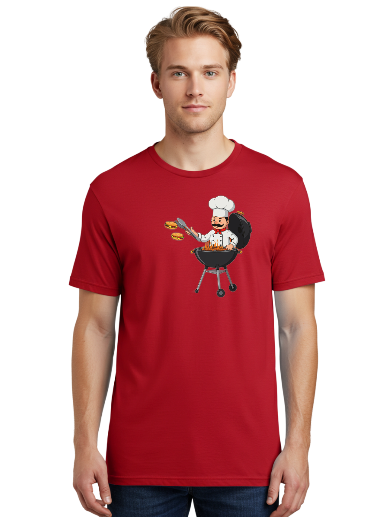 Chef-Barbecue Men'S Graphic Tee, 100% Cotton, Comfortable Casual Summer Wear, Machine Washable, Chef Cooking Burgers, Barbecue Grill, Chef Hat, Chef Uniform, Red Bow Tie, Mustache, Burgers Cooking, Grilling Meat, Barbecue Tongs, Bab728