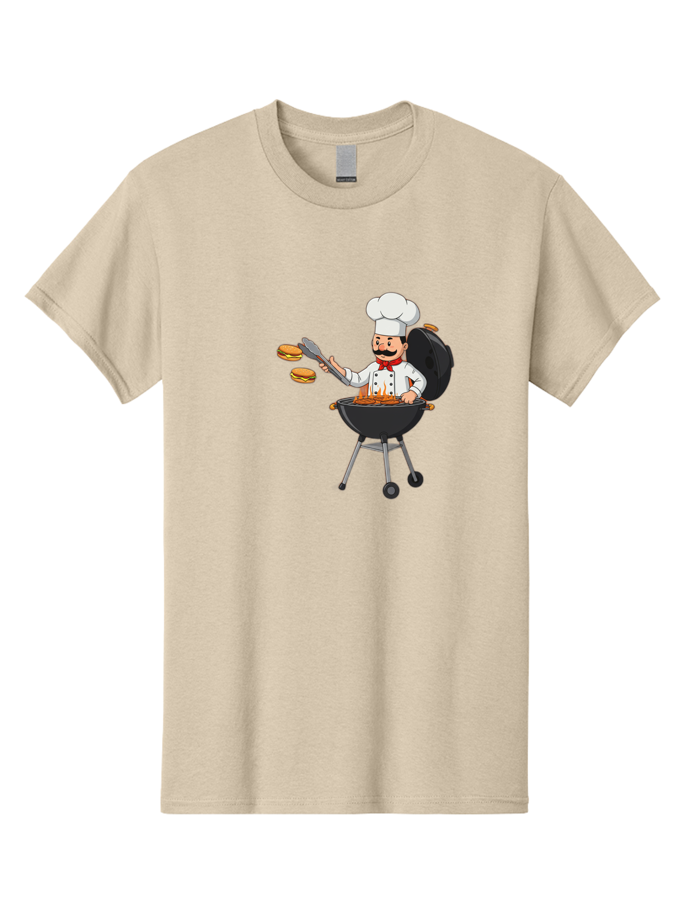 Chef-Barbecue Men'S Graphic Tee, 100% Cotton, Comfortable Casual Summer Wear, Machine Washable, Chef Cooking Burgers, Barbecue Grill, Chef Hat, Chef Uniform, Red Bow Tie, Mustache, Burgers Cooking, Grilling Meat, Barbecue Tongs, Bab728