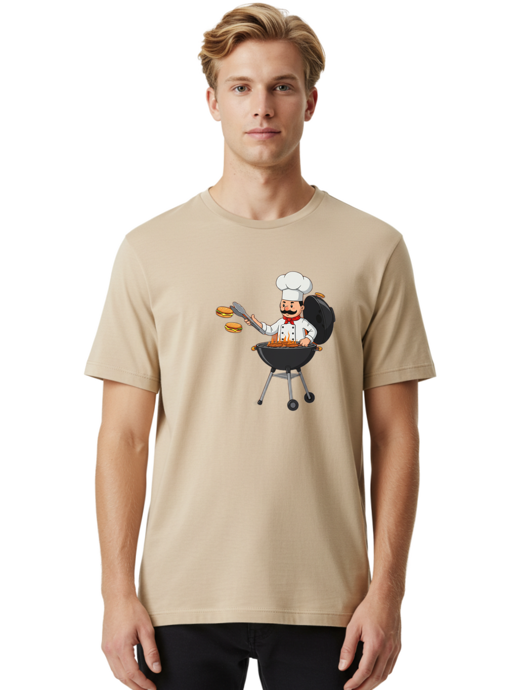 Chef-Barbecue Men'S Graphic Tee, 100% Cotton, Comfortable Casual Summer Wear, Machine Washable, Chef Cooking Burgers, Barbecue Grill, Chef Hat, Chef Uniform, Red Bow Tie, Mustache, Burgers Cooking, Grilling Meat, Barbecue Tongs, Bab728