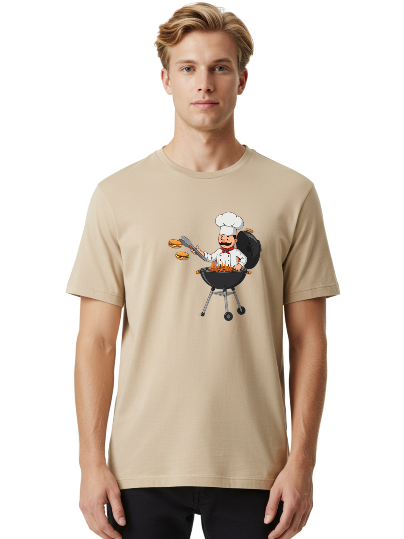 Chef-Barbecue Men'S Graphic Tee, 100% Cotton, Comfortable Casual Summer Wear, Machine Washable, Chef Cooking Burgers, Barbecue Grill, Chef Hat, Chef Uniform, Red Bow Tie, Mustache, Burgers Cooking, Grilling Meat, Barbecue Tongs, Bab728