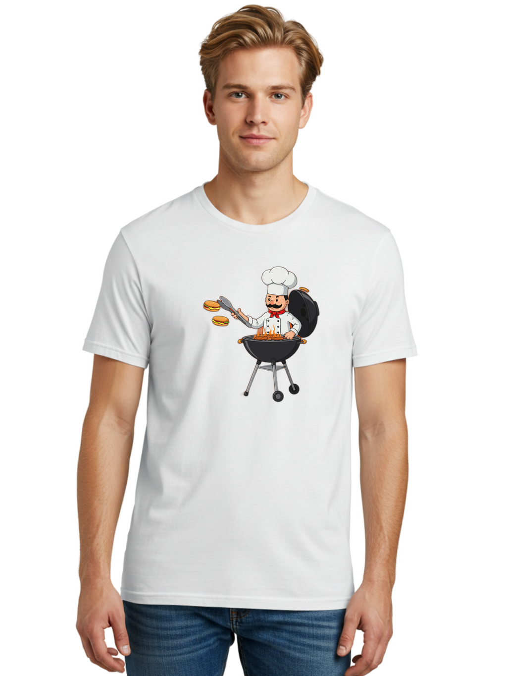 Chef-Barbecue Men'S Graphic Tee, 100% Cotton, Comfortable Casual Summer Wear, Machine Washable, Chef Cooking Burgers, Barbecue Grill, Chef Hat, Chef Uniform, Red Bow Tie, Mustache, Burgers Cooking, Grilling Meat, Barbecue Tongs, Bab728