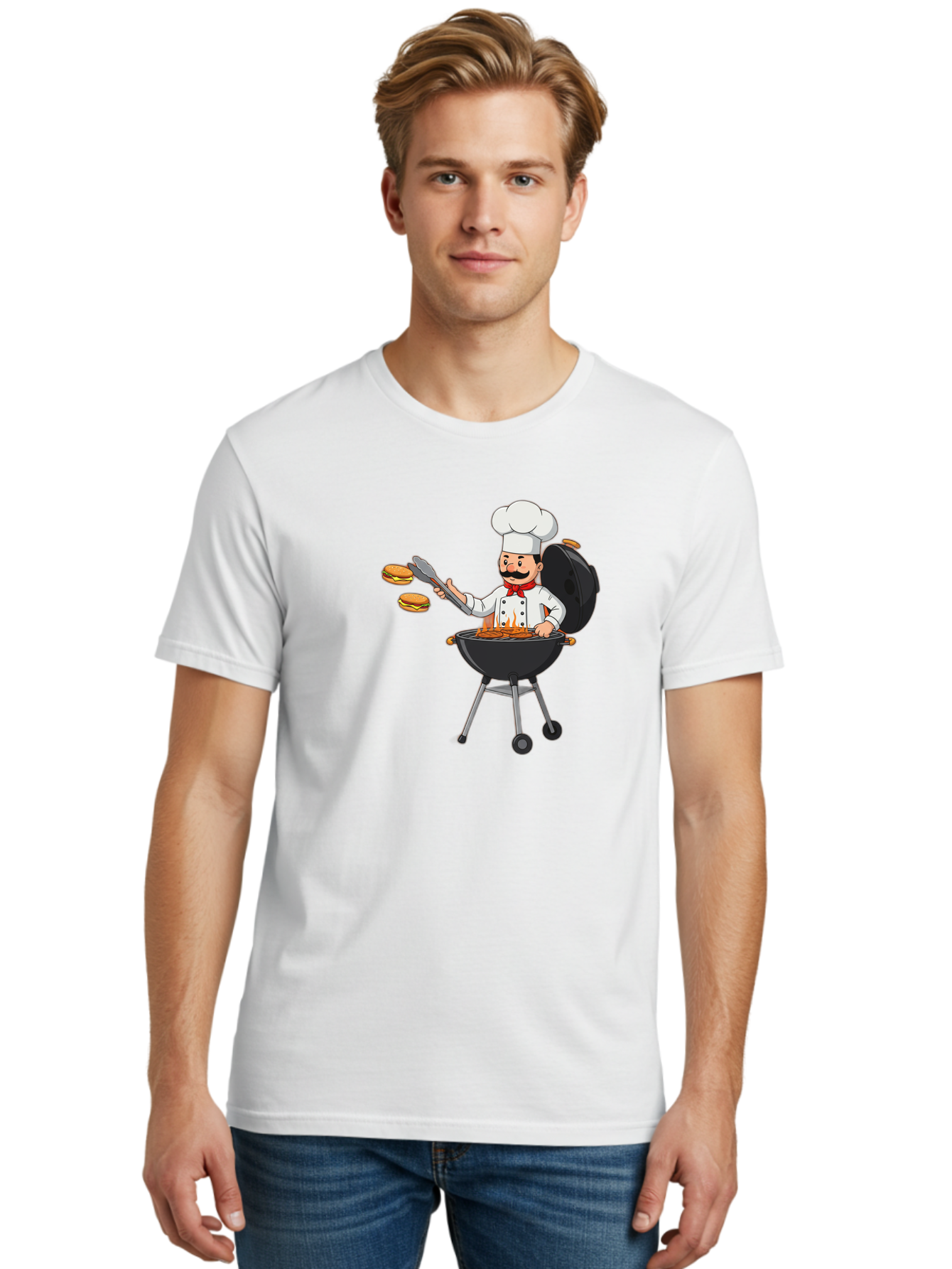 Chef-Barbecue Men'S Graphic Tee, 100% Cotton, Comfortable Casual Summer Wear, Machine Washable, Chef Cooking Burgers, Barbecue Grill, Chef Hat, Chef Uniform, Red Bow Tie, Mustache, Burgers Cooking, Grilling Meat, Barbecue Tongs, Bab728