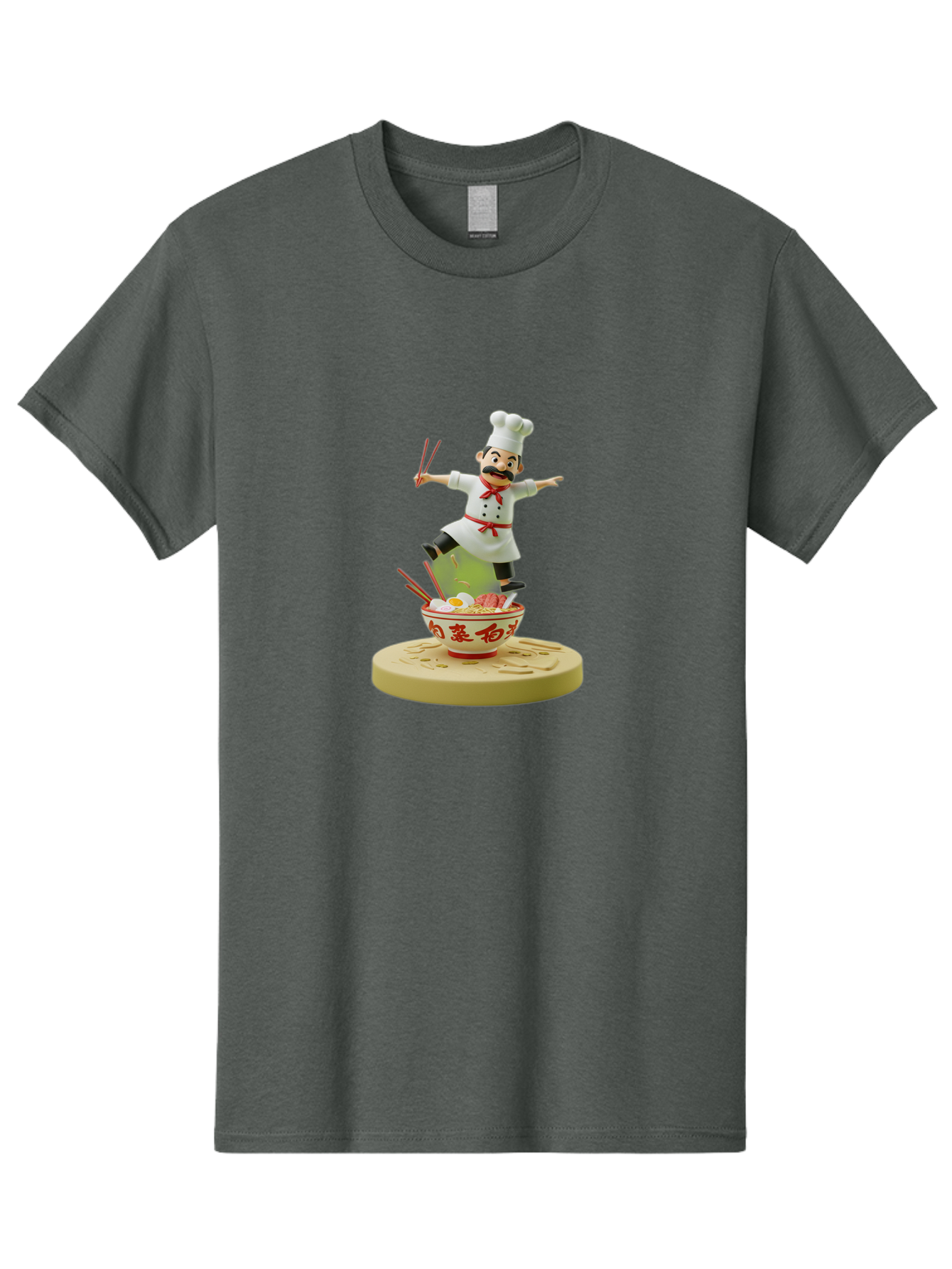 Chef-Figural Men'S Graphic Tee, 100% Cotton, Comfortable Casual Summer Wear, Machine Washable, Chef Figurine, Dancing Above Ramen Bowl, Red And White Design, Chopsticks, Asian Cuisine, Culinary Art, Figurative Sculpture, Kawaii Culture, Bab729