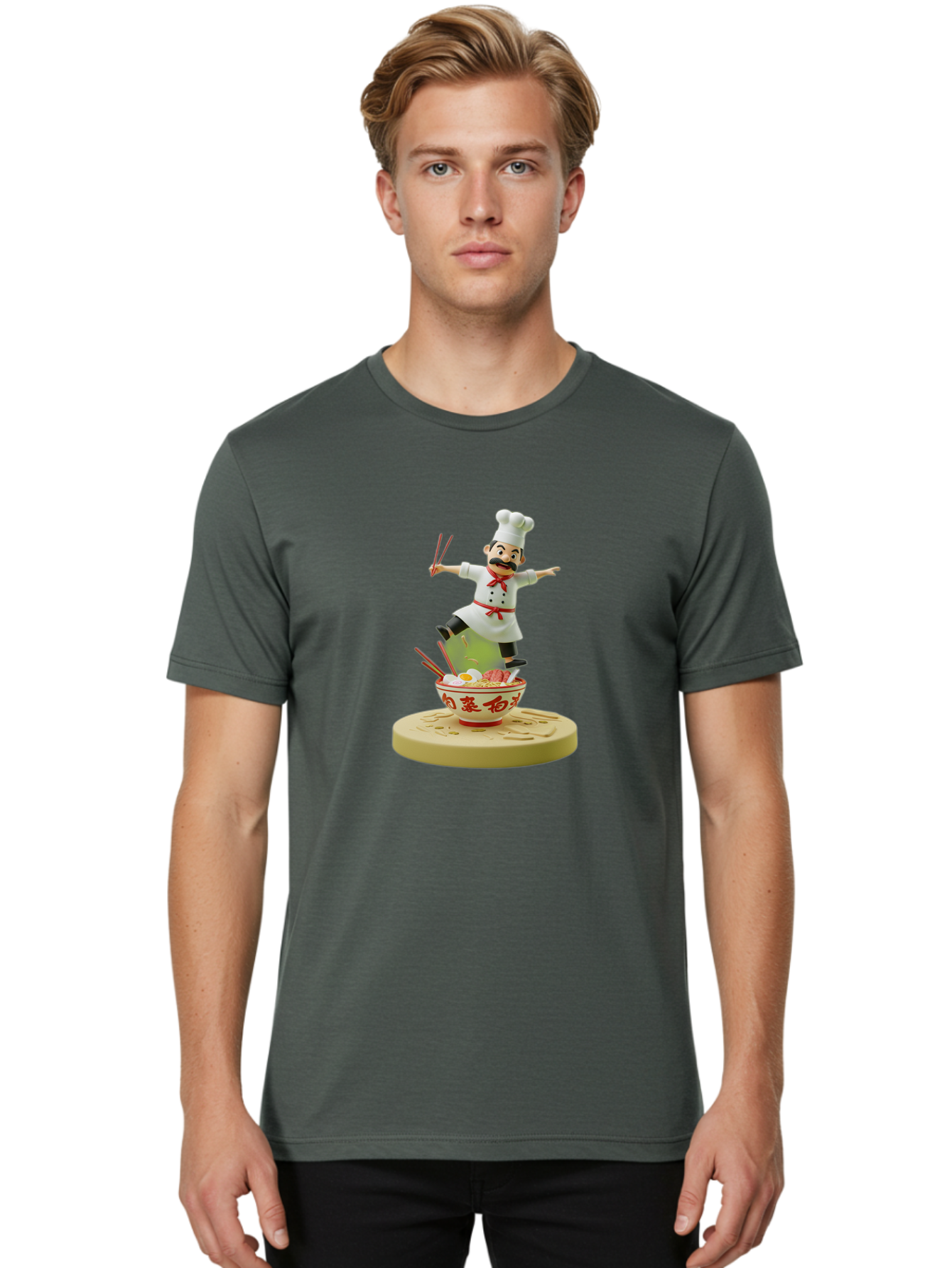 Chef-Figural Men'S Graphic Tee, 100% Cotton, Comfortable Casual Summer Wear, Machine Washable, Chef Figurine, Dancing Above Ramen Bowl, Red And White Design, Chopsticks, Asian Cuisine, Culinary Art, Figurative Sculpture, Kawaii Culture, Bab729