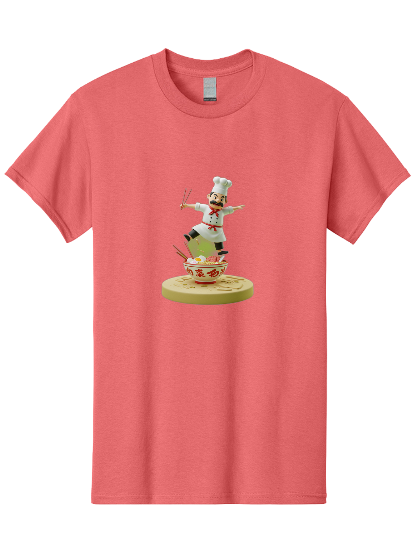 Chef-Figural Men'S Graphic Tee, 100% Cotton, Comfortable Casual Summer Wear, Machine Washable, Chef Figurine, Dancing Above Ramen Bowl, Red And White Design, Chopsticks, Asian Cuisine, Culinary Art, Figurative Sculpture, Kawaii Culture, Bab729