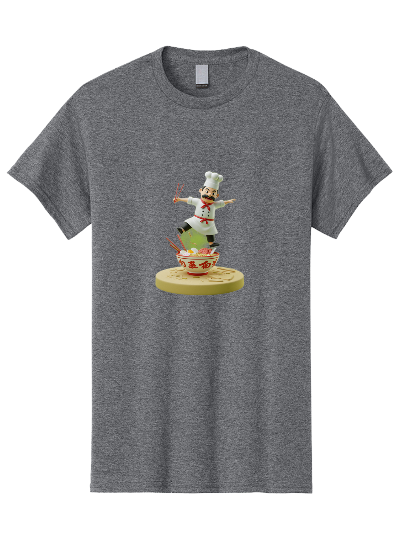 Chef-Figural Men'S Graphic Tee, 100% Cotton, Comfortable Casual Summer Wear, Machine Washable, Chef Figurine, Dancing Above Ramen Bowl, Red And White Design, Chopsticks, Asian Cuisine, Culinary Art, Figurative Sculpture, Kawaii Culture, Bab729