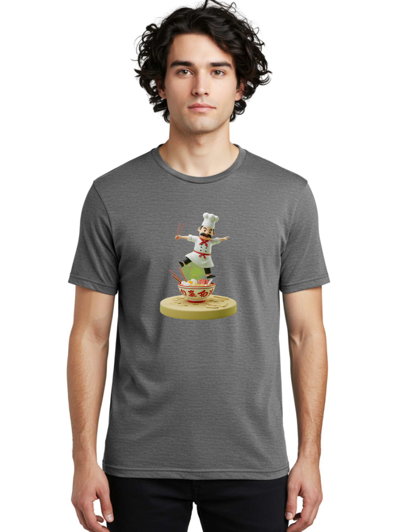 Chef-Figural Men'S Graphic Tee, 100% Cotton, Comfortable Casual Summer Wear, Machine Washable, Chef Figurine, Dancing Above Ramen Bowl, Red And White Design, Chopsticks, Asian Cuisine, Culinary Art, Figurative Sculpture, Kawaii Culture, Bab729