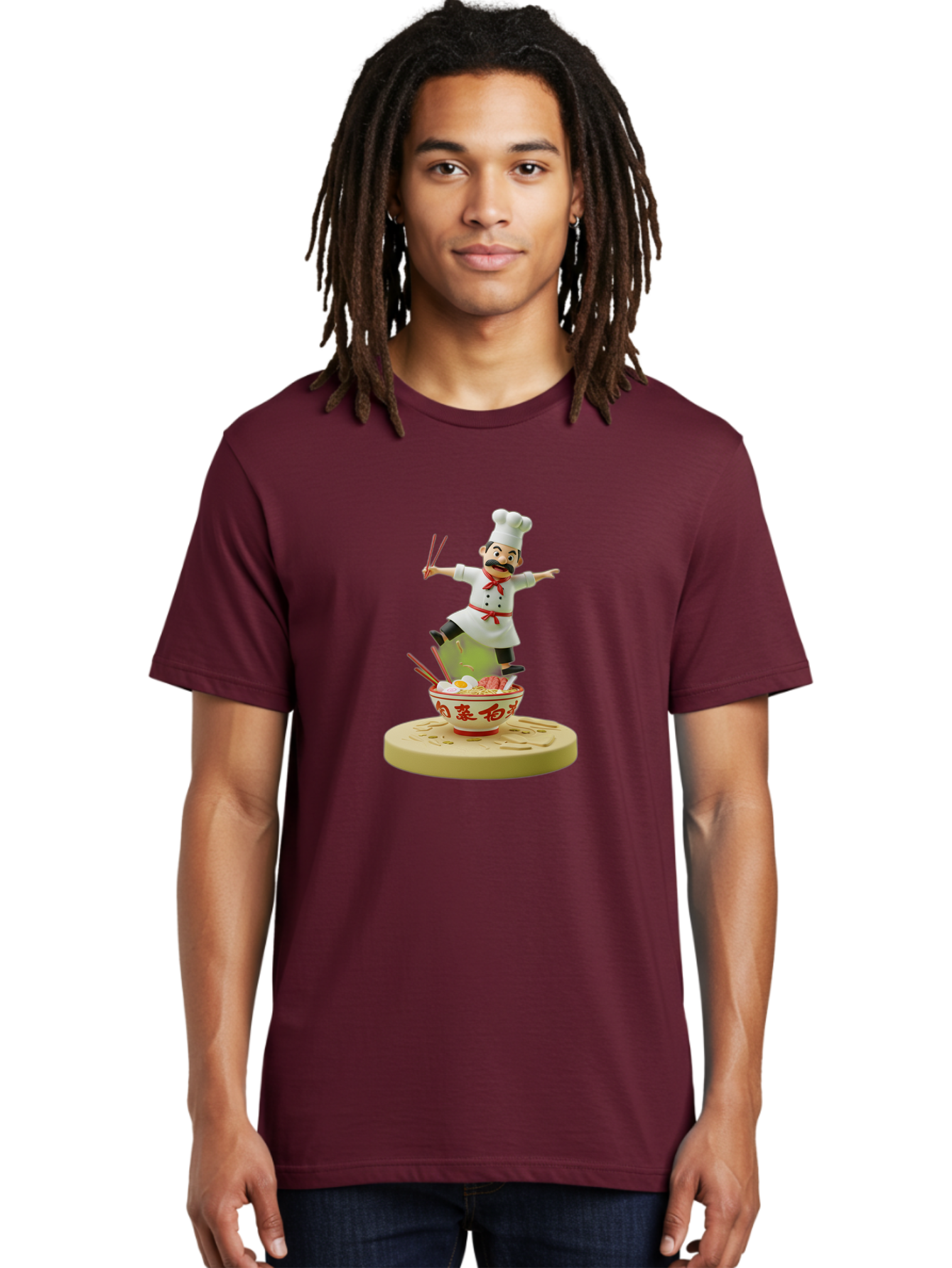 Chef-Figural Men'S Graphic Tee, 100% Cotton, Comfortable Casual Summer Wear, Machine Washable, Chef Figurine, Dancing Above Ramen Bowl, Red And White Design, Chopsticks, Asian Cuisine, Culinary Art, Figurative Sculpture, Kawaii Culture, Bab729