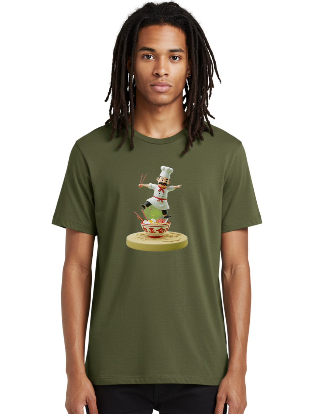 Chef-Figural Men'S Graphic Tee, 100% Cotton, Comfortable Casual Summer Wear, Machine Washable, Chef Figurine, Dancing Above Ramen Bowl, Red And White Design, Chopsticks, Asian Cuisine, Culinary Art, Figurative Sculpture, Kawaii Culture, Bab729