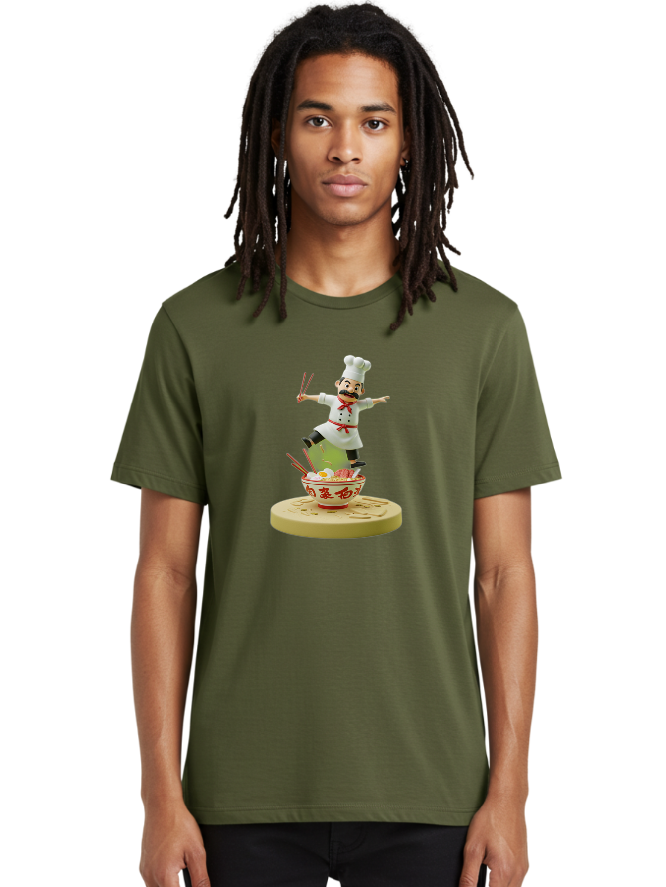 Chef-Figural Men'S Graphic Tee, 100% Cotton, Comfortable Casual Summer Wear, Machine Washable, Chef Figurine, Dancing Above Ramen Bowl, Red And White Design, Chopsticks, Asian Cuisine, Culinary Art, Figurative Sculpture, Kawaii Culture, Bab729