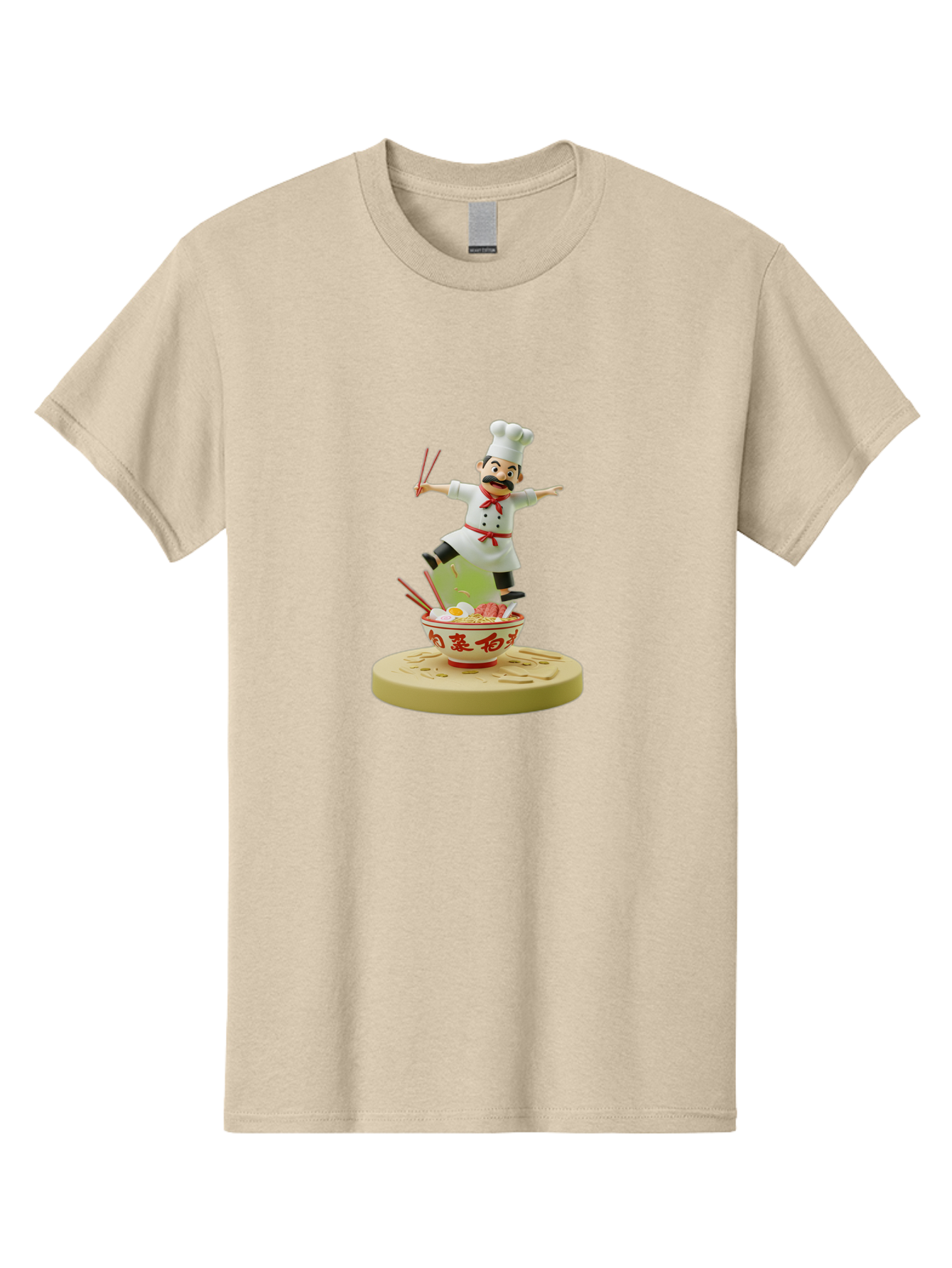 Chef-Figural Men'S Graphic Tee, 100% Cotton, Comfortable Casual Summer Wear, Machine Washable, Chef Figurine, Dancing Above Ramen Bowl, Red And White Design, Chopsticks, Asian Cuisine, Culinary Art, Figurative Sculpture, Kawaii Culture, Bab729