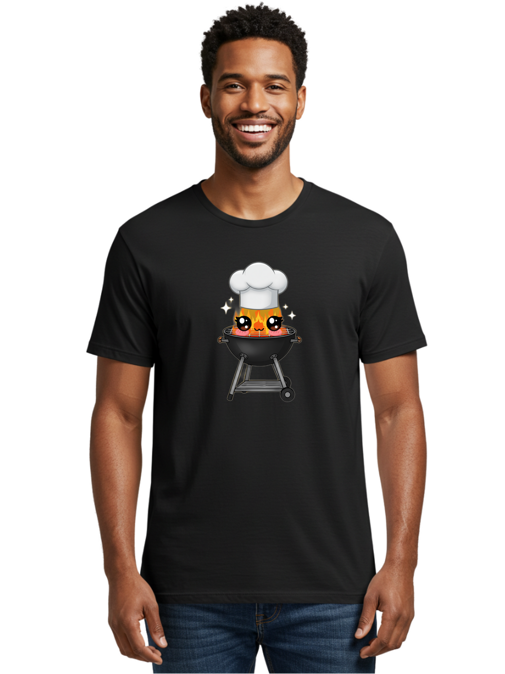 Chef-Hat-Flame-Grill Men'S Graphic Tee, 100% Cotton, Comfortable Casual Summer Wear, Machine Washable, Grill With Flames, Chef Hat, Cartoon Style, Barbecue Cooking, Sizzling Food, Playful Design, Grill Master, Outdoor Cooking, Bab730