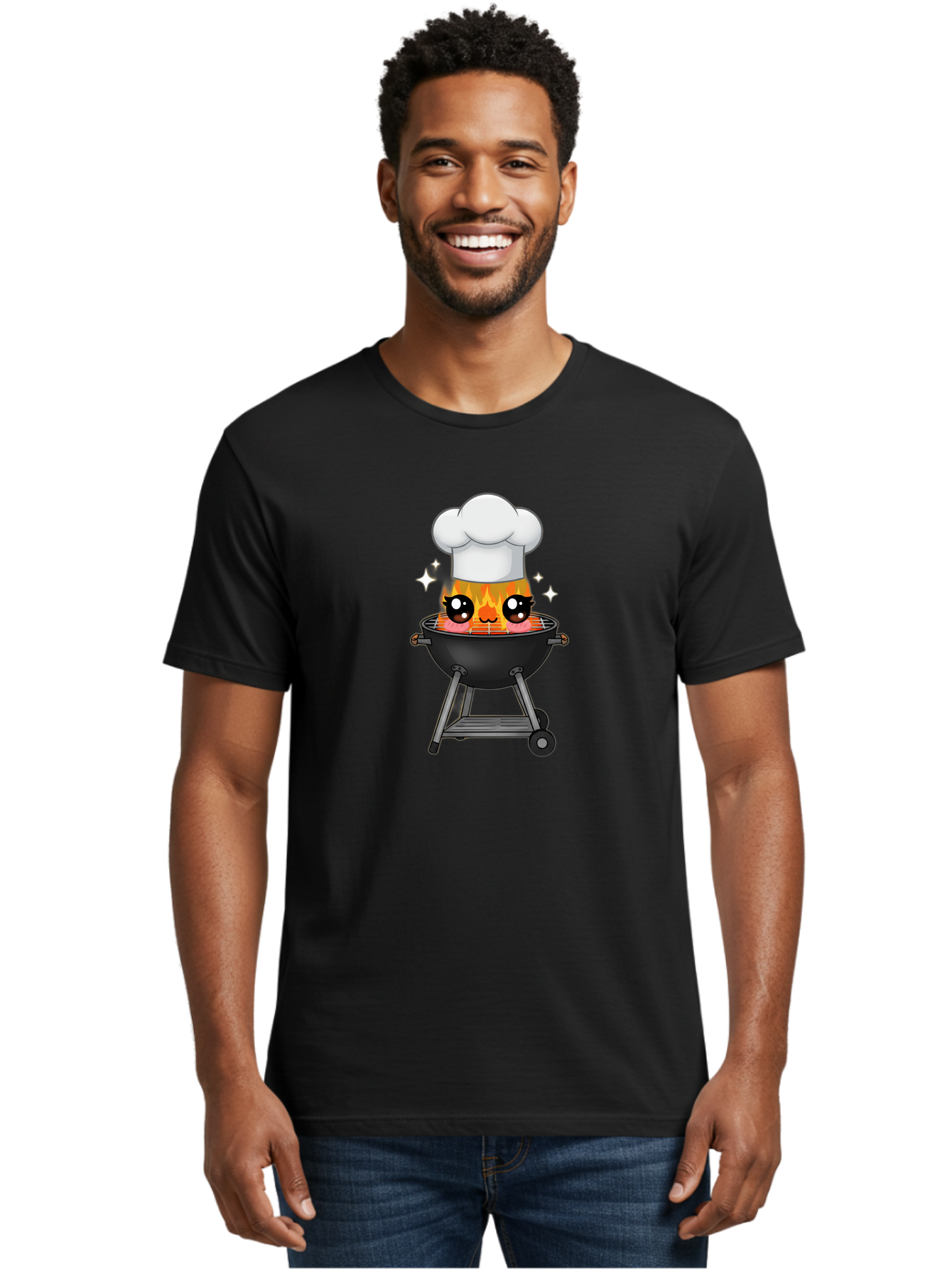 Chef-Hat-Flame-Grill Men'S Graphic Tee, 100% Cotton, Comfortable Casual Summer Wear, Machine Washable, Grill With Flames, Chef Hat, Cartoon Style, Barbecue Cooking, Sizzling Food, Playful Design, Grill Master, Outdoor Cooking, Bab730