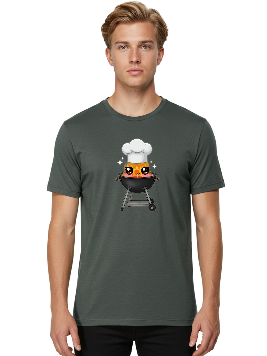 Chef-Hat-Flame-Grill Men'S Graphic Tee, 100% Cotton, Comfortable Casual Summer Wear, Machine Washable, Grill With Flames, Chef Hat, Cartoon Style, Barbecue Cooking, Sizzling Food, Playful Design, Grill Master, Outdoor Cooking, Bab730