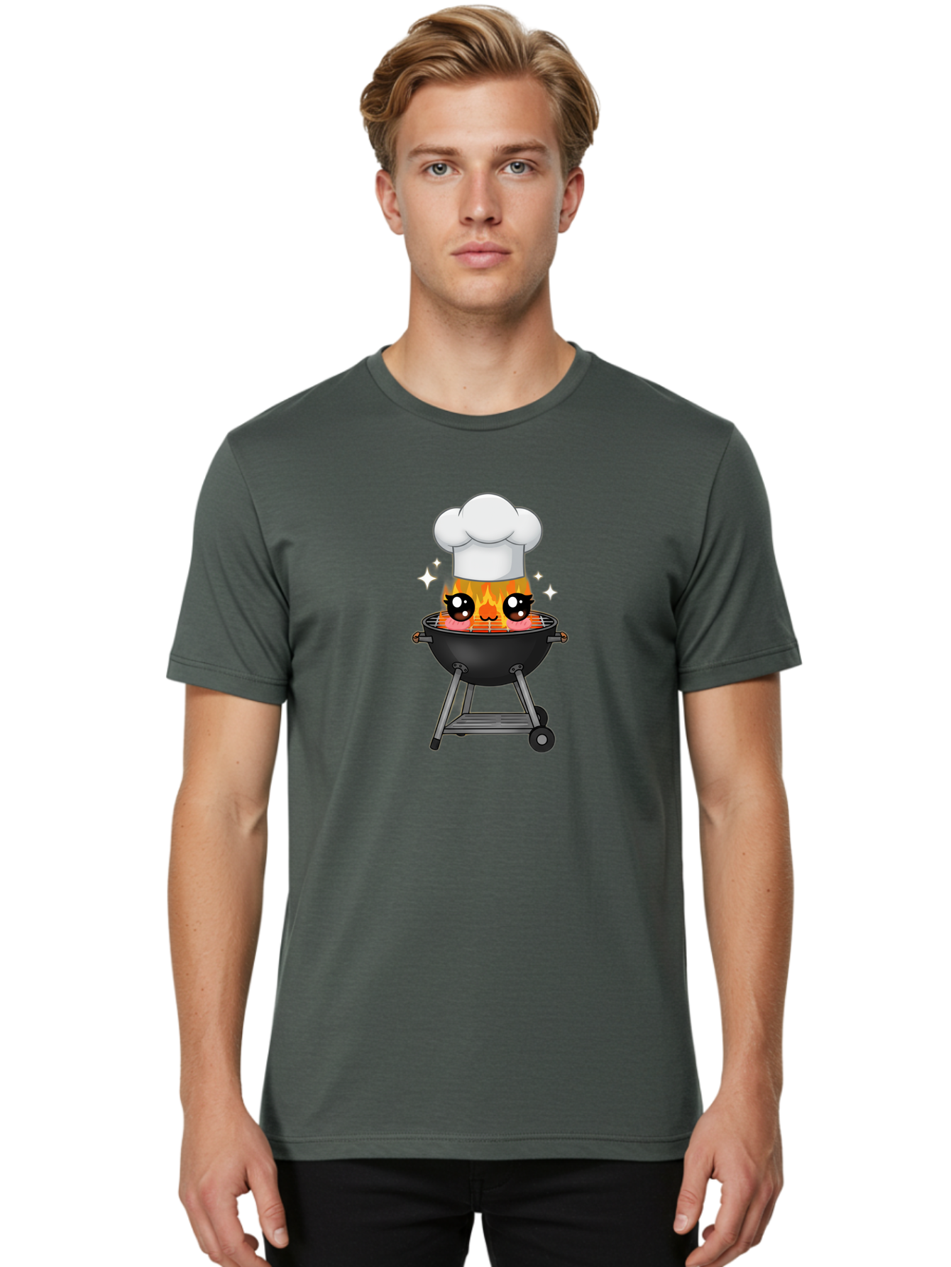 Chef-Hat-Flame-Grill Men'S Graphic Tee, 100% Cotton, Comfortable Casual Summer Wear, Machine Washable, Grill With Flames, Chef Hat, Cartoon Style, Barbecue Cooking, Sizzling Food, Playful Design, Grill Master, Outdoor Cooking, Bab730